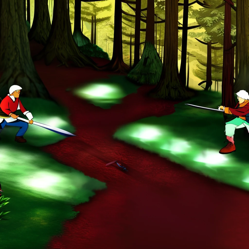 two people, fight, sword, forest