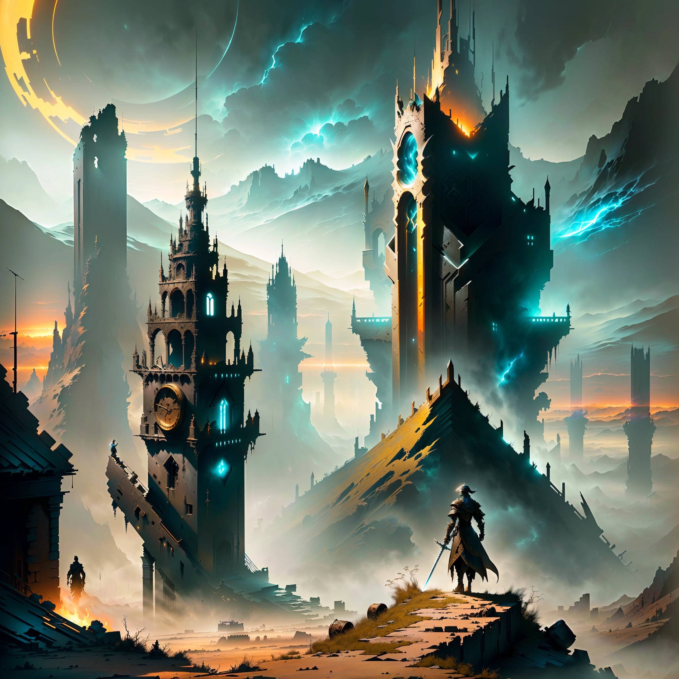masterpiece, best quality, (A desolate wasteland, with abandoned structures and ruins,a murky sky filled with dark clouds, and a rolling mist across the desolate landscape).(On the vast expanse of wilderness, there is only one sword.),(An exquisitely detailed sword, with intricate details and unparalleled craftsmanship.),(extremely detailed CG unity 8k wallpaper), (best quality), (best illustration), (best shadow), absurdres, realistic lighting, (Abyss), beautiful detailed glow, art by PeterMohrBacher,