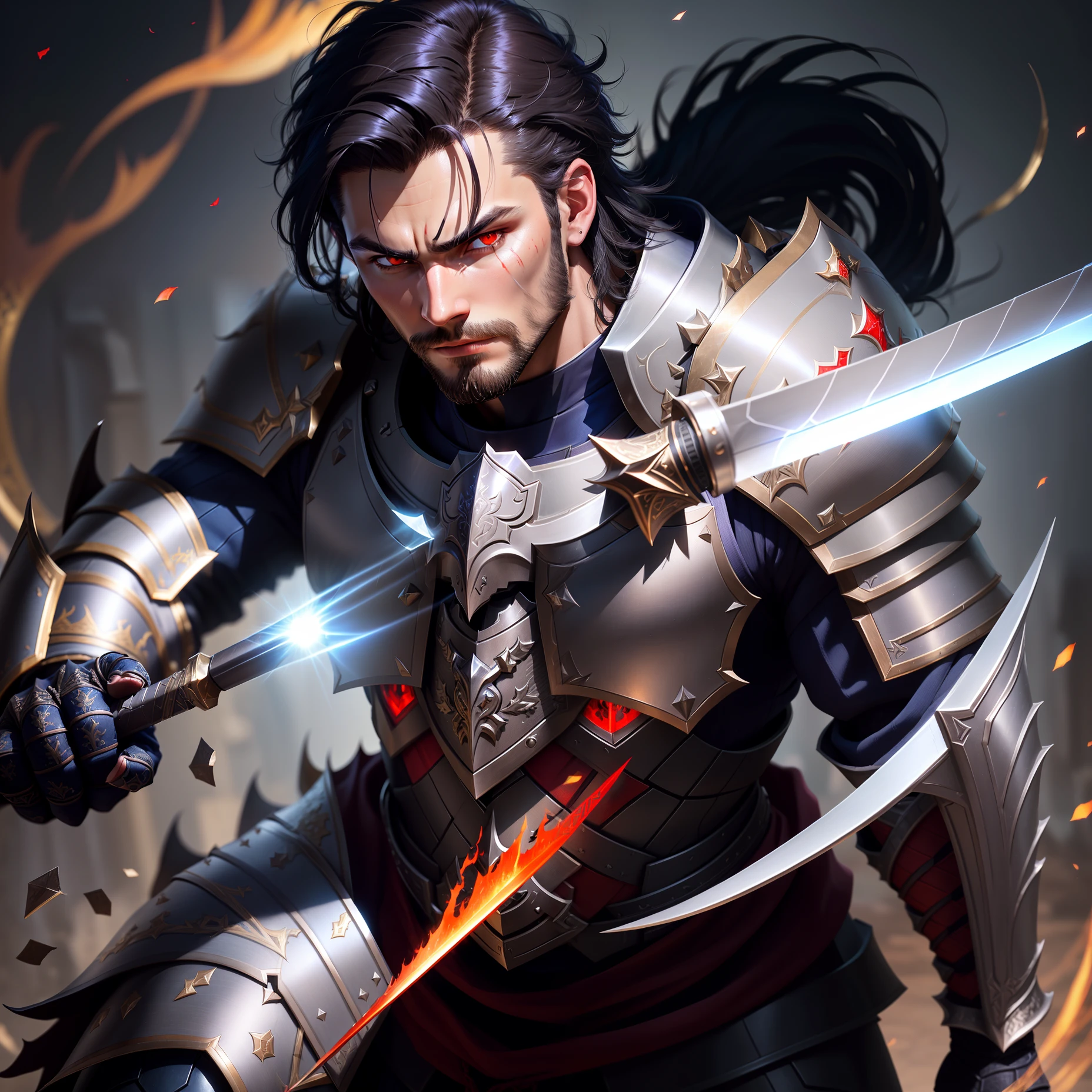 Male paladin with gray-black hair and red eye, black armor with dragon designs holding a sword, does not have a beard, dynamic pose, (detailed eyes, chromatic aberration, depth of field, soft lighting, masterpiece, best quality, intricate, 8K, incredible shadows, realistic, (highly detailed background:1.2)