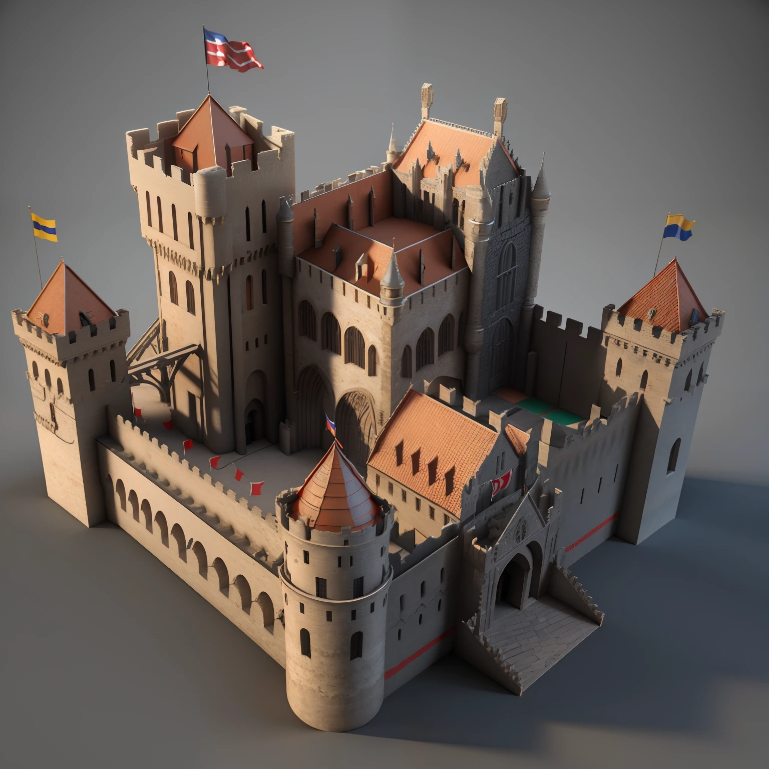 (((((no background))))),(realist),isometric perspective,A ((medieval European)) architecture, game model, Fortress, fortress, castle, military base,Military architecture,architectural model, (((3D rendering))),High quality, ultra-high definition details,concept design,monomer building,very high definition, high details, 8k, hyper realistic, high detail, Cinematic, 35mm lens, f/ 1. 8,Unreal Engine rendering,Substance 3D, Octane rendering,(hdr:1.3),((red flag))