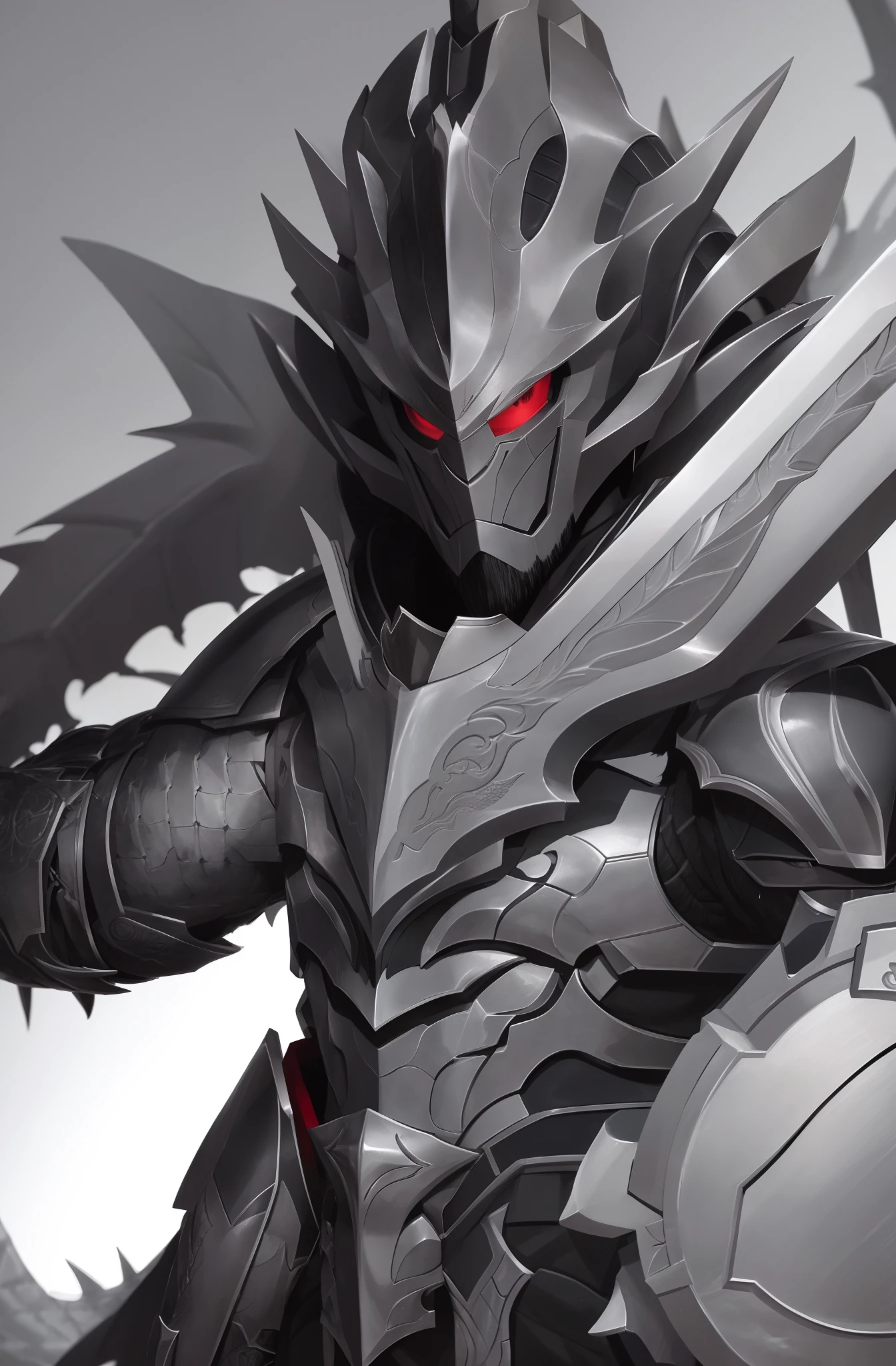 male paladin, gray-black hair, red eye, with beard, pale skin, black armor with dragon designs, holding sword and shield, best quality, masterpiece, upper body