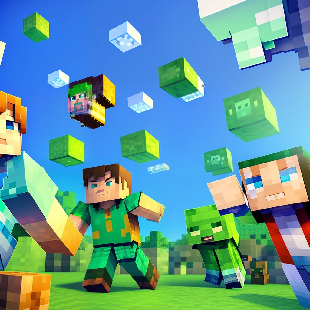 (3D, Low poly, Minecraft-style) hero fighting pixel monsters, with blocky features, unique attacks, and an epic environment.