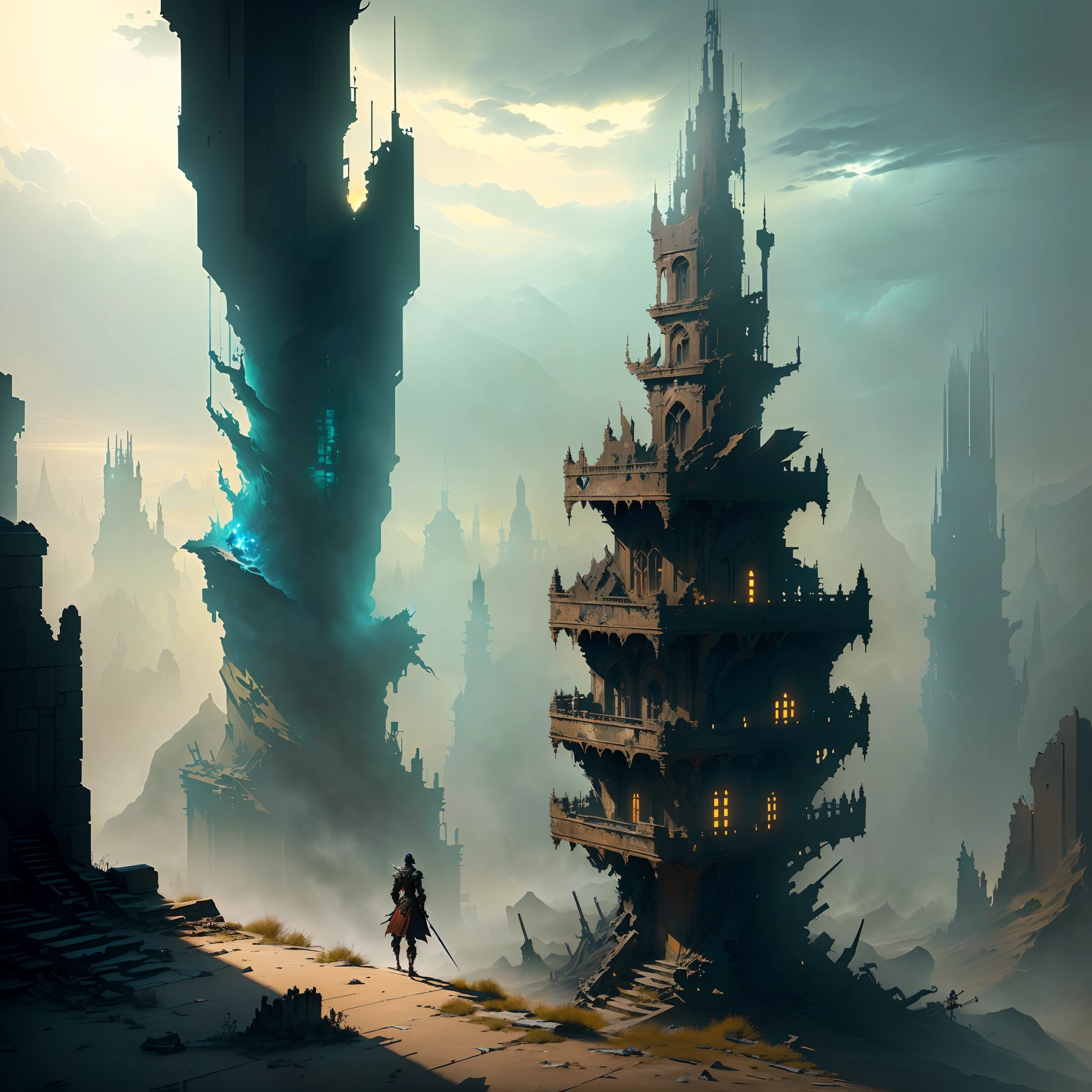 masterpiece, best quality, (A desolate wasteland, with abandoned structures and ruins,a murky sky filled with dark clouds, and a rolling mist across the desolate landscape).(On the vast expanse of wilderness, there is only one sword.),(An exquisitely detailed sword, with intricate details and unparalleled craftsmanship.),(extremely detailed CG unity 8k wallpaper), (best quality), (best illustration), (best shadow), absurdres, realistic lighting, (Abyss), beautiful detailed glow, art by PeterMohrBacher,