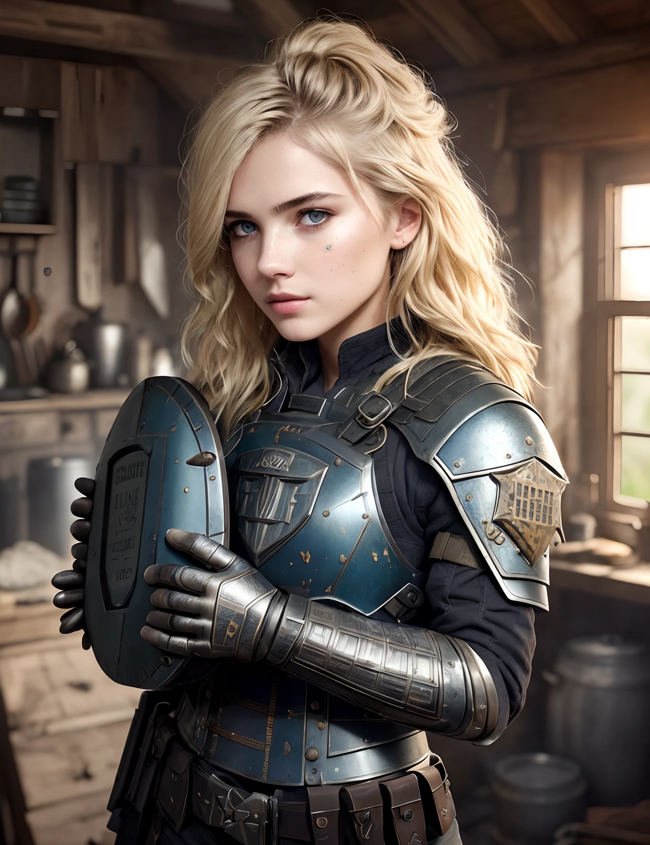 best photo from the exhibition, 35 mm, cell shading, bloom, dark and gloomy (full body:1.5) 8k , female , (holds in his hands a combat shield that is not new:1.4), (natural texture of the skin:1.5), scratches on the skin, abrasions, cuts, wounds, examines the shield, (blonde hair:1.3), best photo from the exhibition, 35 mm, stunning, highly detailed, 8k highly detailed face, perfect face shapes, full perfect lips, perfect nose, correct beautiful eyes, eyelashes, eyebrows, Blue yonder hair, at cluttered and messy shack , action shot, tattered torn shirt, porcelain cracked skin, skin pores, detailed intricate iris, very dark lighting, heavy shadows, detailed, detailed face, (vibrant, dramatic, dark, sharp focus, 8k),( background forge:1.3), forge, (smoldering coals:1.1),( more weapons:1.1), (armor scattered:1.1),