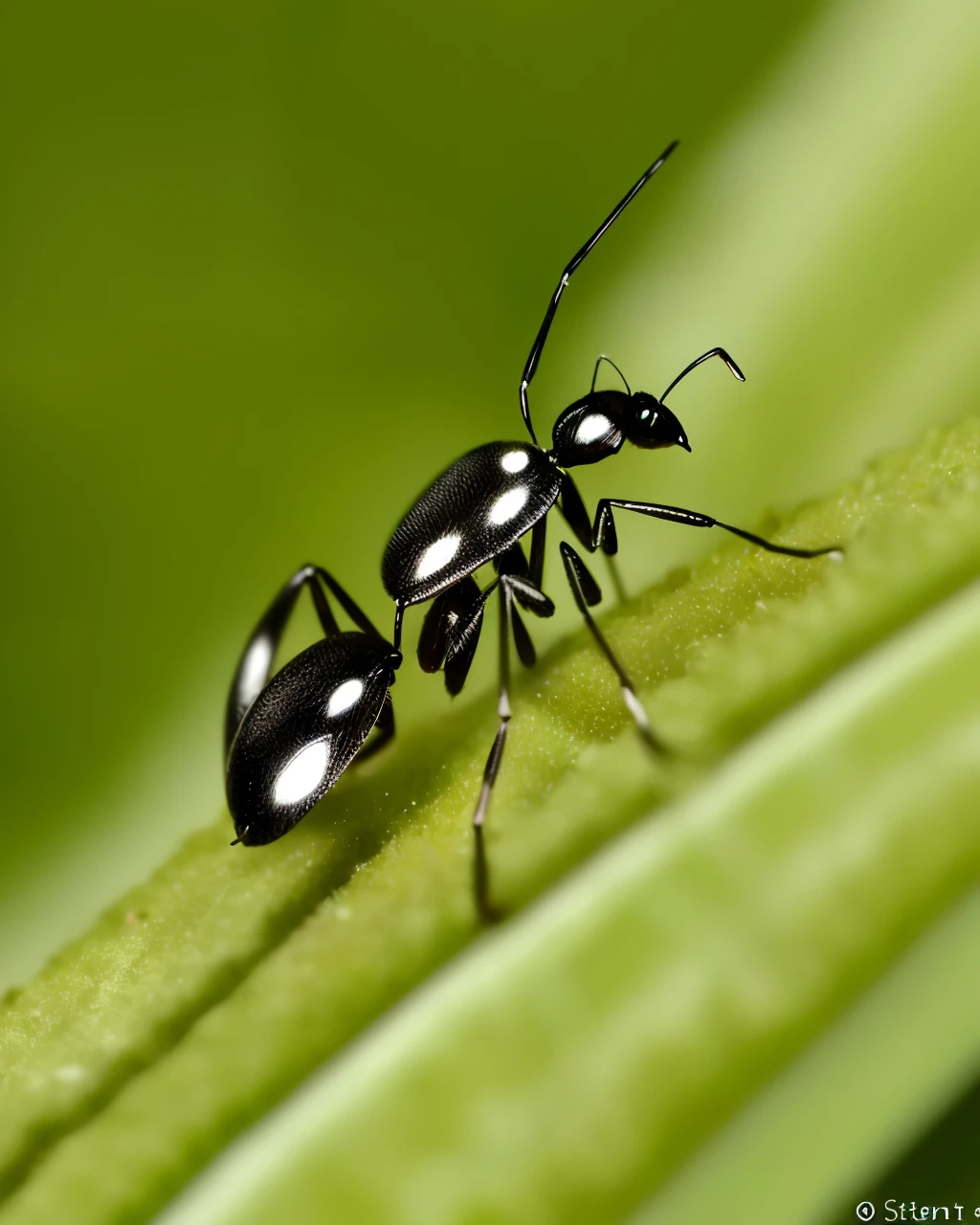 The image centers around a green leaf, upon which a small black ant can be seen. The ant has a slender body, divided into three segments, with its head slightly raised in an alert position. Its antennae are extended forward, seemingly sniffing the environment. The leaf has a jagged edge and clear veins, gently swaying in the breeze. The background is blurry and indistinct, possibly a patch of grass or the petal of a flower, creating a natural ambiance. The overall color palette is soft and vibrant, full of vitality and life, beautiful ant, smoth body, Sunlight, highly detailed, detailed and intricate environment, 8K, sharp focus, whiskers