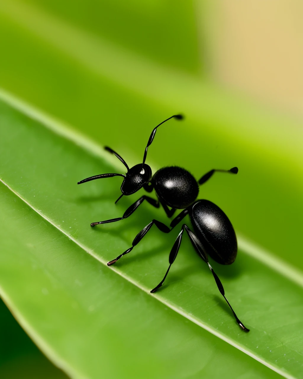 The image centers around a green leaf, upon which a small black ant can be seen. The ant has a slender body, divided into three segments, with its head slightly raised in an alert position. Its antennae are extended forward, seemingly sniffing the environment. The leaf has a jagged edge and clear veins, gently swaying in the breeze. The background is blurry and indistinct, possibly a patch of grass or the petal of a flower, creating a natural ambiance. The overall color palette is soft and vibrant, full of vitality and life, beautiful ant, smoth body, Sunlight, highly detailed, detailed and intricate environment, 8K, sharp focus, whiskers