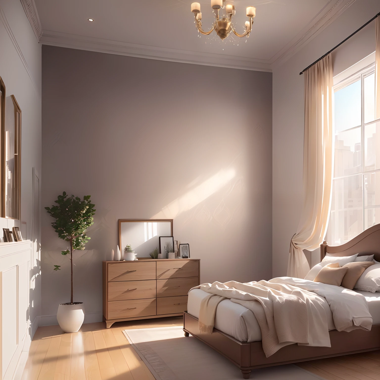 (extremely detailed CG unity 8k wallpaper, masterpiece, best quality, ultra-detailed), minimalistic decoration style, high resolution, bedroom, (decorative drawings, reference drawings), clean and elegant ambiance, wide shot.