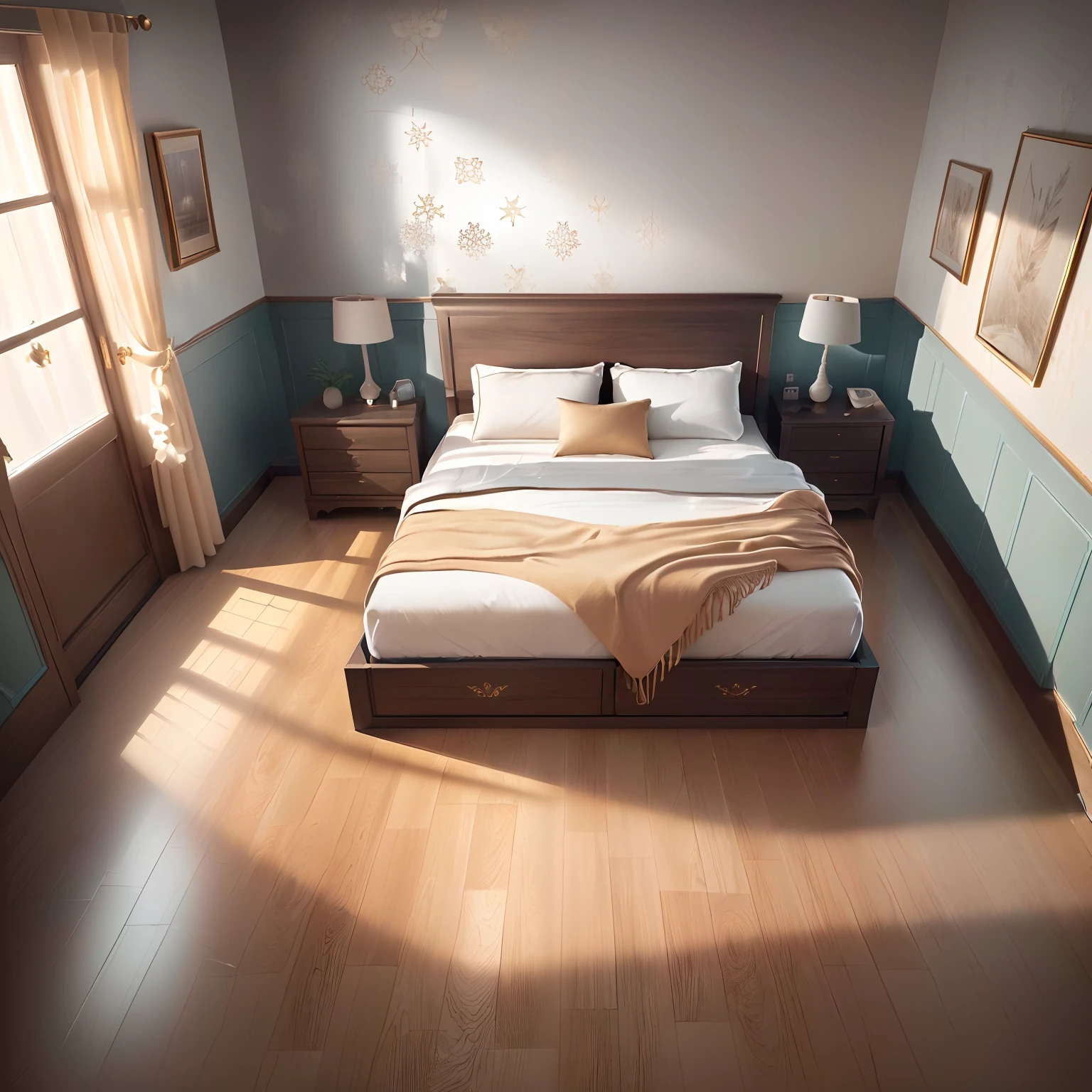 (extremely detailed CG unity 8k wallpaper, masterpiece, best quality, ultra-detailed), minimalistic decoration style, high resolution, bedroom, (decorative drawings, reference drawings), clean and elegant ambiance, wide shot.