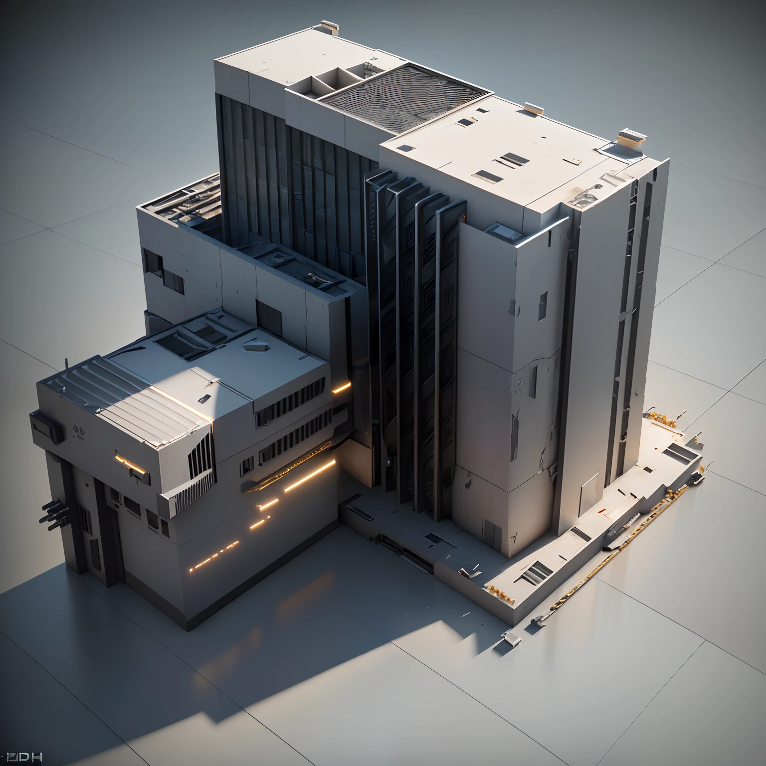 3D model HD rendering, building rendering, straight Angle isometric view, 45 degree Angle, (gray background), high detail, movie, global lighting, reality lighting, Unreal Engine rendering, Substance 3D, octane rendering, (hdr:1.3), (Weapon Factory), rundown, combat damage style