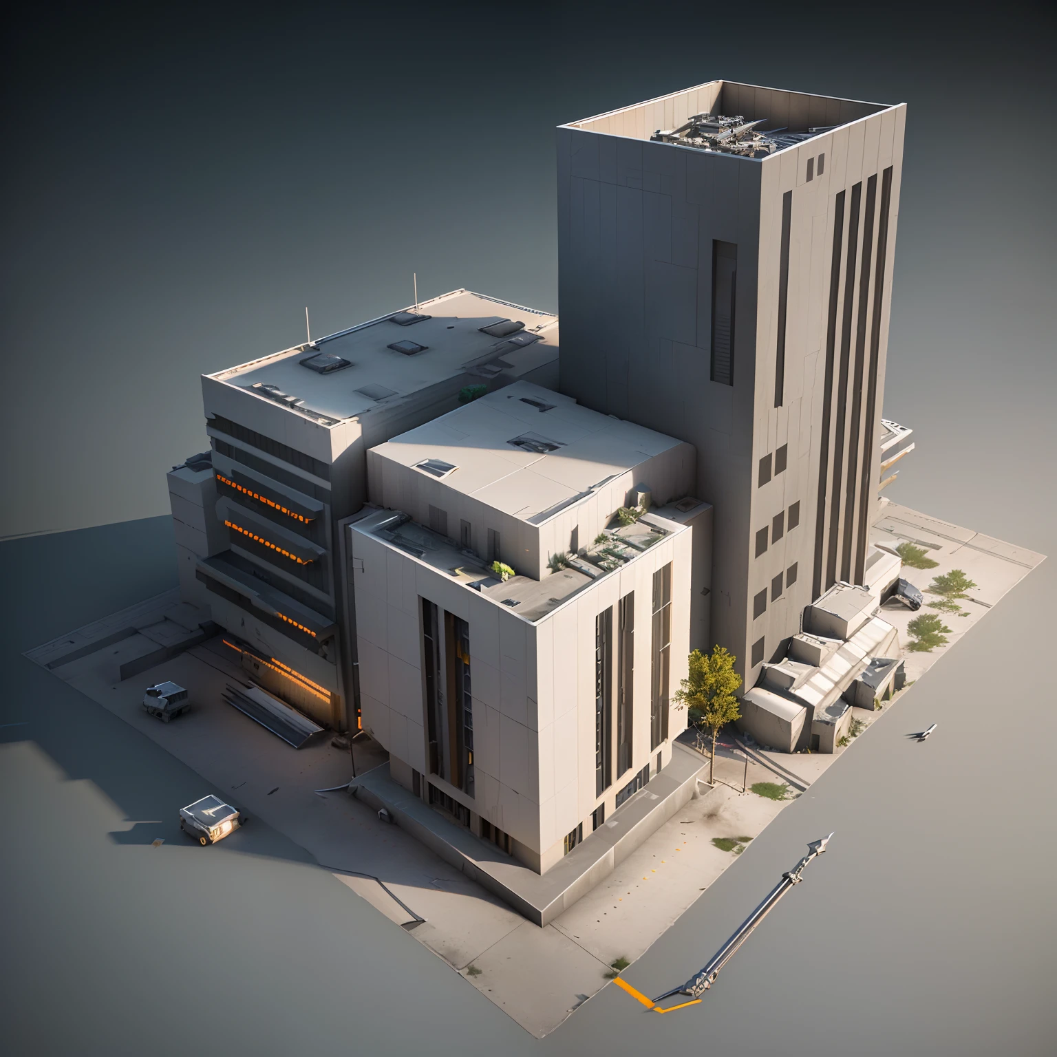 3D model HD rendering, building rendering, straight Angle isometric view, 45 degree Angle, (gray background), high detail, movie, global lighting, reality lighting, Unreal Engine rendering, Substance 3D, octane rendering, (hdr:1.3), (Weapon Factory), rundown, combat damage style