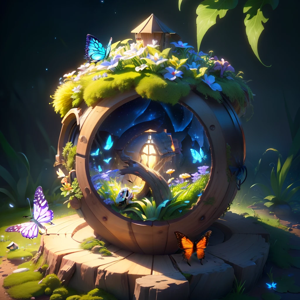 masterpiece, best quality, (extremely detailed CG unity 8k wallpaper), (best quality), (best illustration), (best shadow), A round turnip hut covered with moss,Iris,butterfly,starlight,isometric 3D, octane render,ray tracing,ultra detailed