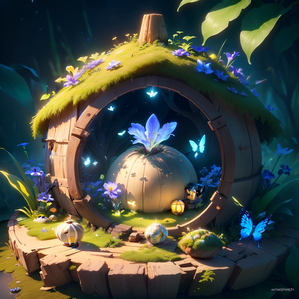 masterpiece, best quality, (extremely detailed CG unity 8k wallpaper), (best quality), (best illustration), (best shadow), A round turnip hut covered with moss，Iris，butterfly，starlight，isometric 3D, octane render,ray tracing,ultra detailed