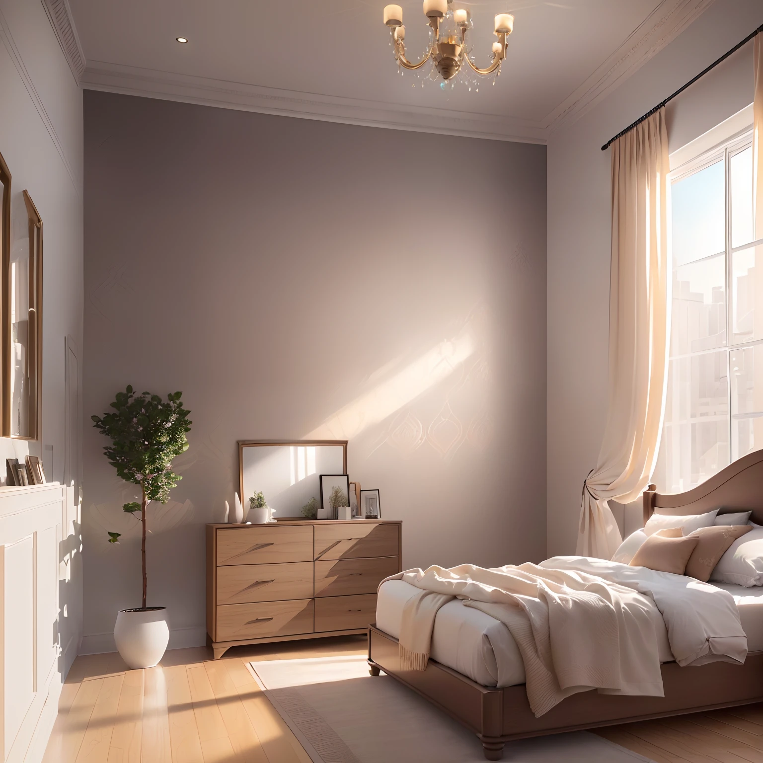 (extremely detailed CG unity 8k wallpaper, masterpiece, best quality, ultra-detailed), minimalistic decoration style, high resolution, bedroom, (decorative drawings, reference drawings), clean and elegant ambiance, wide shot.