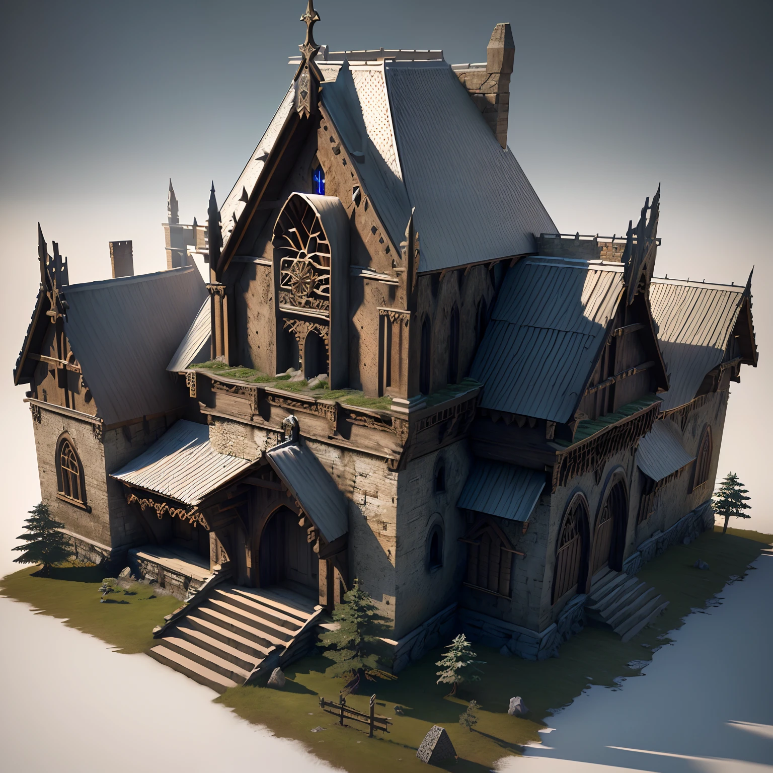 Medieval architecture in SLG Strategy building game, Viking style barracks with realistic art style, gorgeous Viking totem decoration and stark features from Lord of the Rings and God of War, 3D model HD rendering, architectural rendering, orthographic isometric view, 45 degree Angle from above, white background, high detail, film, global lighting, realistic lighting, Unreal Engine rendering, Substance 3D, octane Rendering, (hdr:1.3)