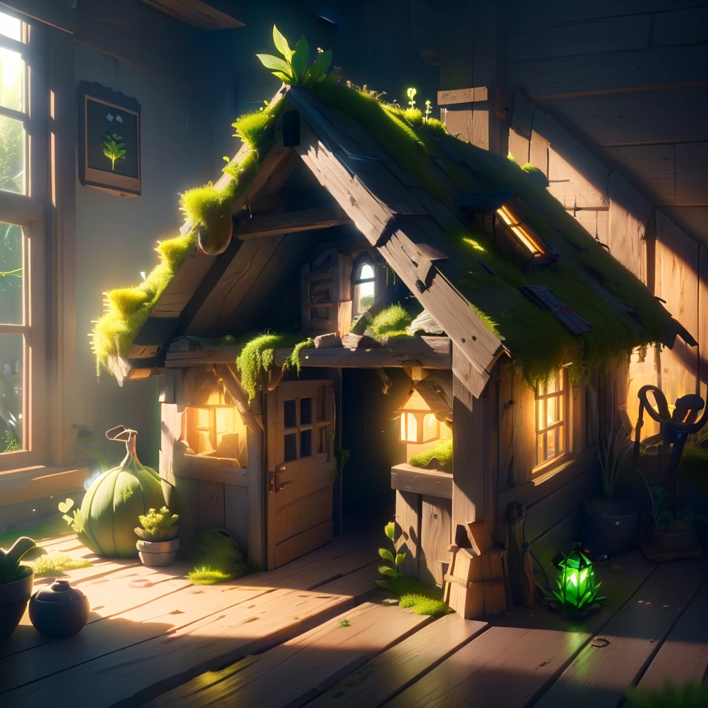 masterpiece, best quality, (extremely detailed CG unity 8k wallpaper), (best quality), (best illustration), (best shadow),A turnip hut covered in moss,wtarlight surrounds the room,firefly,glowing windows,isometric 3D, octane render,ray tracing,ultra detailed