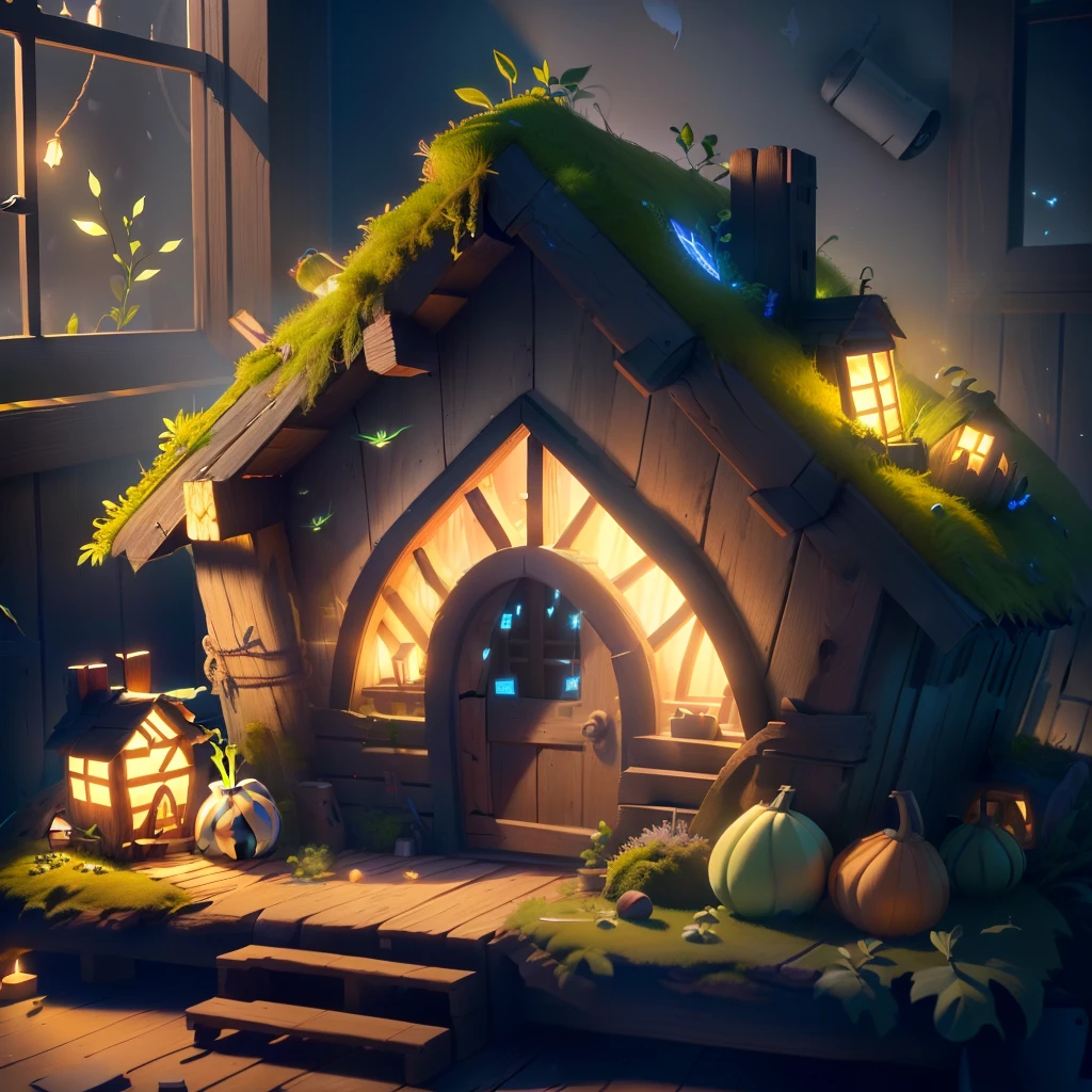 masterpiece, best quality, (extremely detailed CG unity 8k wallpaper), (best quality), (best illustration), (best shadow),A turnip hut covered in moss，wtarlight surrounds the room，firefly，glowing windows，isometric 3D, octane render,ray tracing,ultra detailed