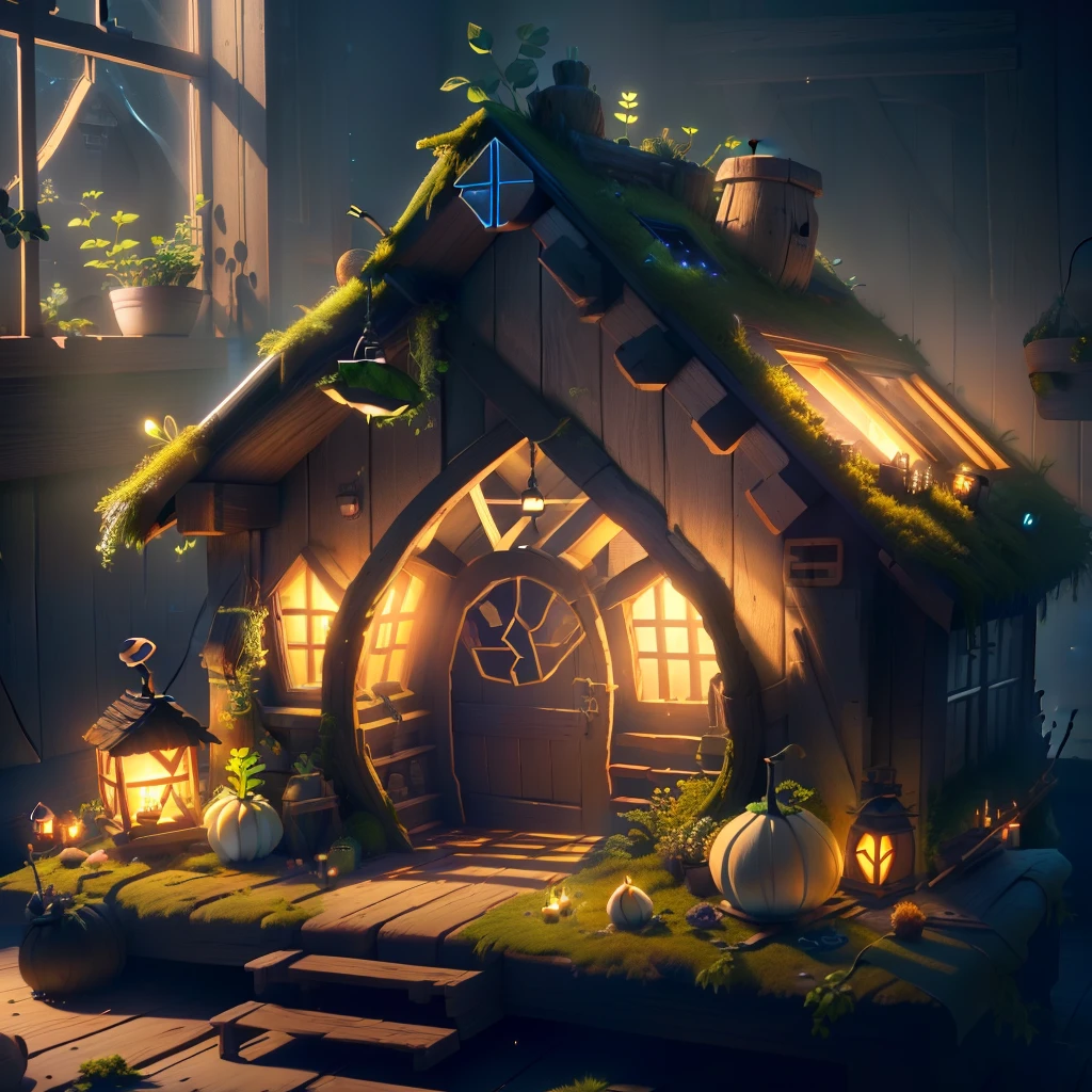 masterpiece, best quality, (extremely detailed CG unity 8k wallpaper), (best quality), (best illustration), (best shadow),A turnip hut covered in moss,wtarlight surrounds the room,firefly,glowing windows,isometric 3D, octane render,ray tracing,ultra detailed