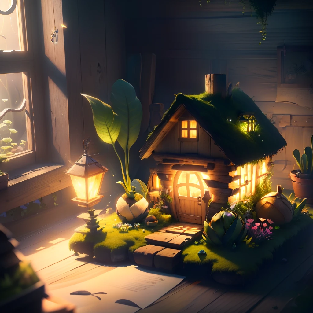 masterpiece, best quality, (extremely detailed CG unity 8k wallpaper), (best quality), (best illustration), (best shadow),A turnip hut covered in moss,wtarlight surrounds the room,firefly,petal,glowing windows,isometric 3D, octane render,ray tracing,ultra detailed