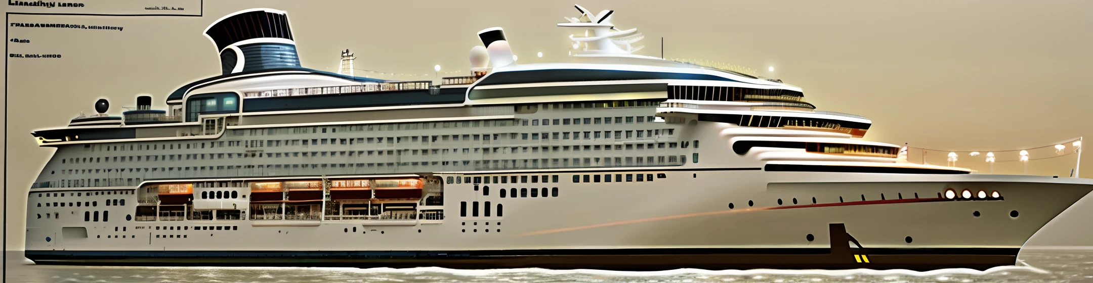 liner ，On the sea at night, cruise ships，lighting，side ，engineering drawing

