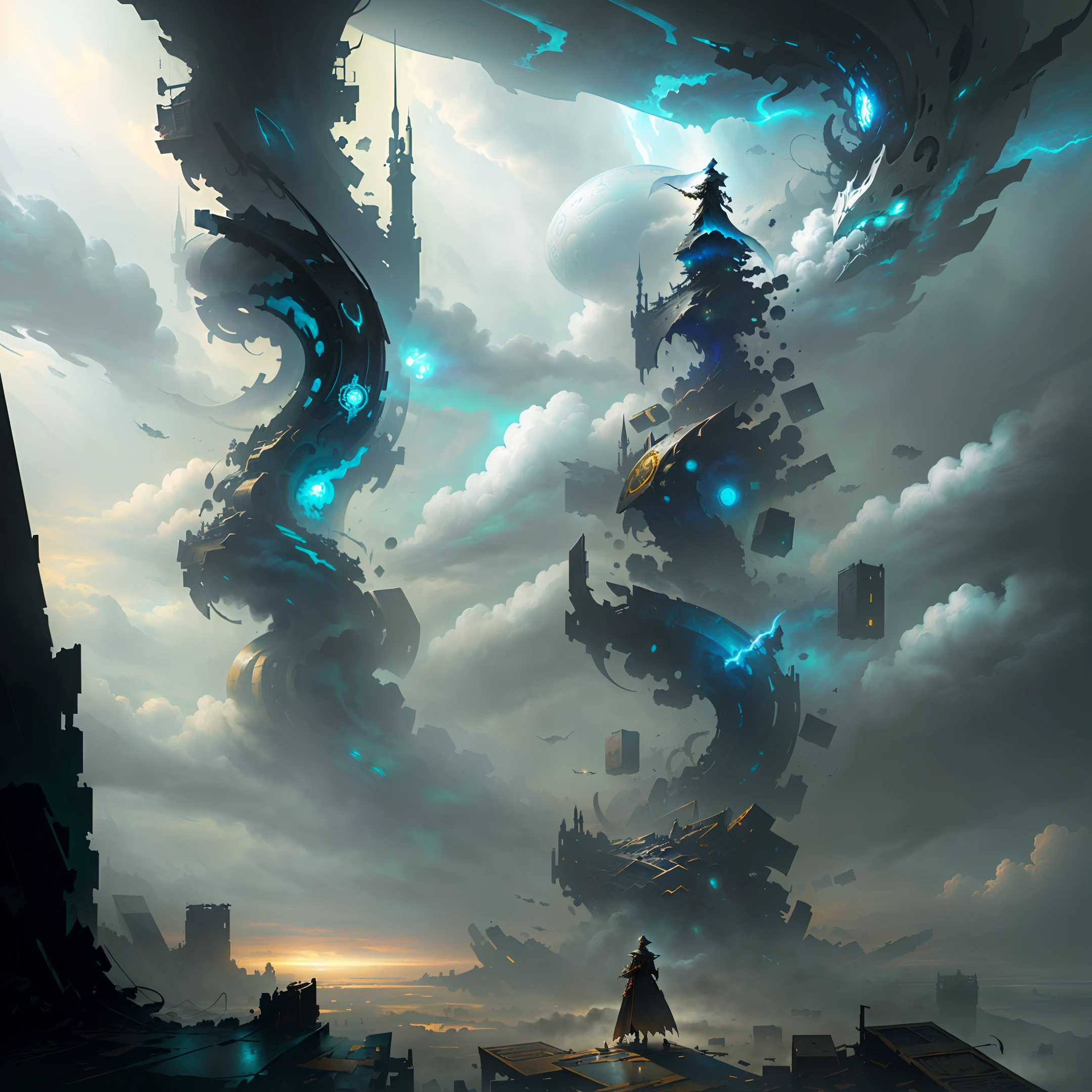 masterpiece, best quality, (A desolate wasteland, with abandoned structures and ruins,a murky sky filled with dark clouds, and a rolling mist across the desolate landscape).(On the vast expanse of wilderness, there is only one sword.),(An exquisitely detailed sword, with intricate details and unparalleled craftsmanship.),(extremely detailed CG unity 8k wallpaper), (best quality), (best illustration), (best shadow), absurdres, realistic lighting, (Abyss), beautiful detailed glow, art by PeterMohrBacher,