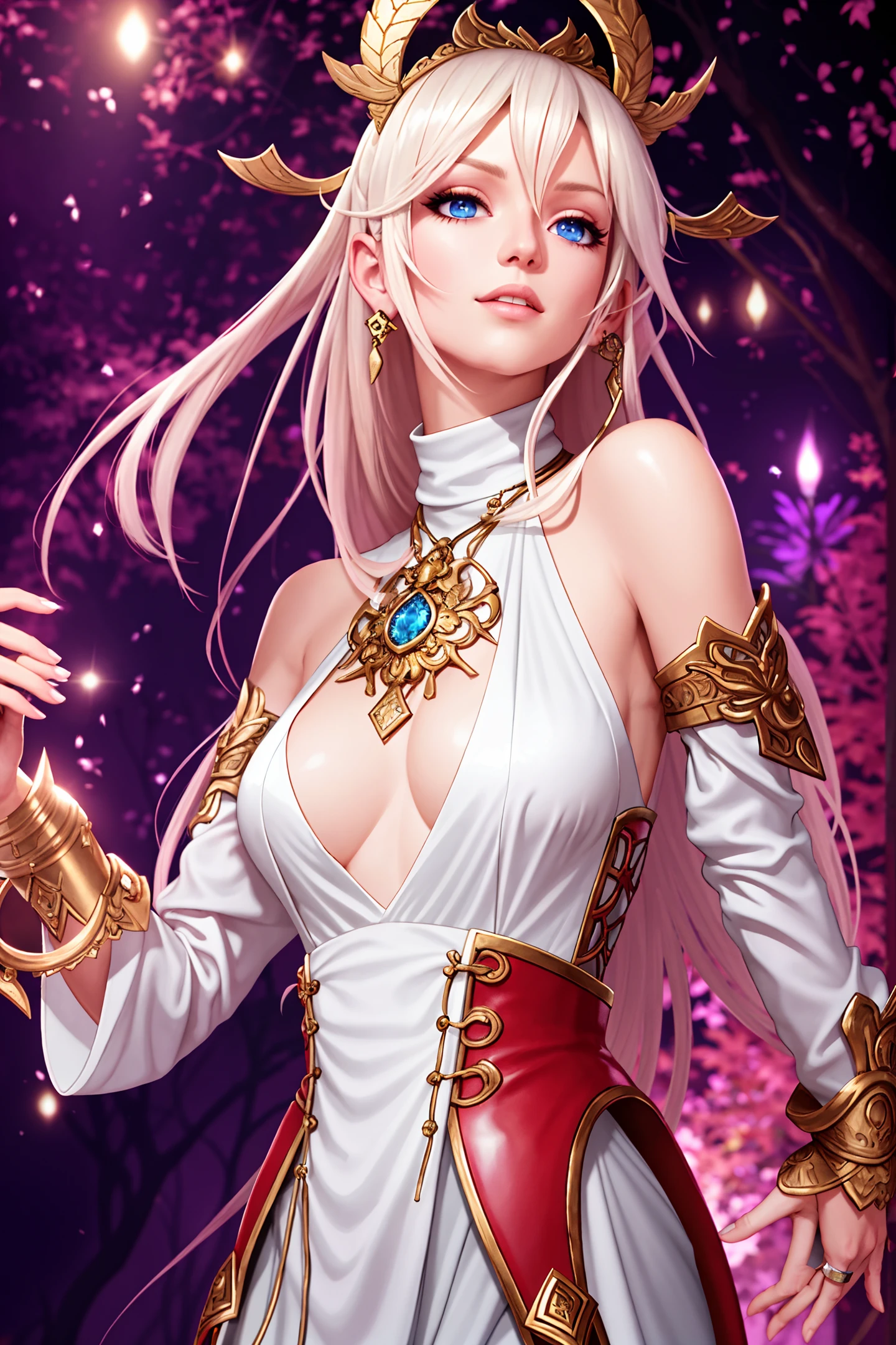beautiful adventurer woman, surprised, discovering a treasure, open chest with diamond, exotic temple, white blonde thick hair, white open shirt, generous high chest, glossy brown shorts, thin waist, wide blue eyes, thick lips, glossy, night, finding a treasure in exotic temple, artgerm, rich detailed realistic style --niji 5 --style expressive