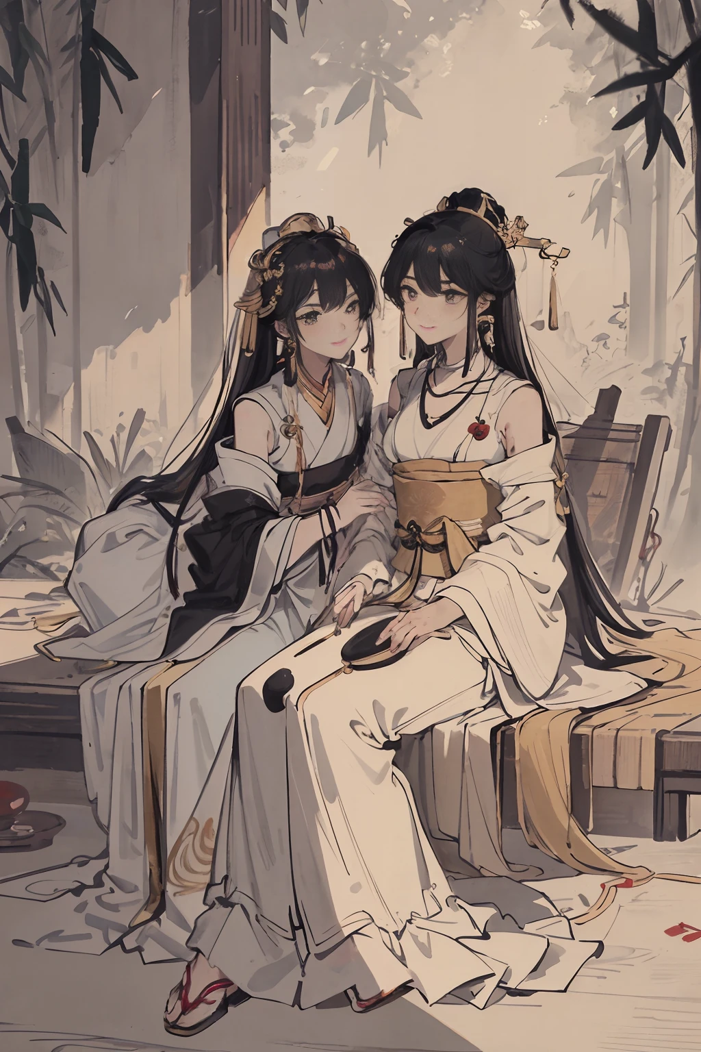 {best quality}, {{masterpiece}}, {highres},{{exquisite facial features}},{{dynamic posture}},{gazing at each other},gorgeous rendering, complex detail handling,{epic level},{an extremely delicate and beautiful}, {sexy sling}，extremely,original, Bamboo, detailed wallpaper,two girls,love gaze,estheticism,dress,erasure,{gold inlaid jade step shake},silk cloth,hair ornament, necklace, long hair, earrings,a pure smile,a gentle expression