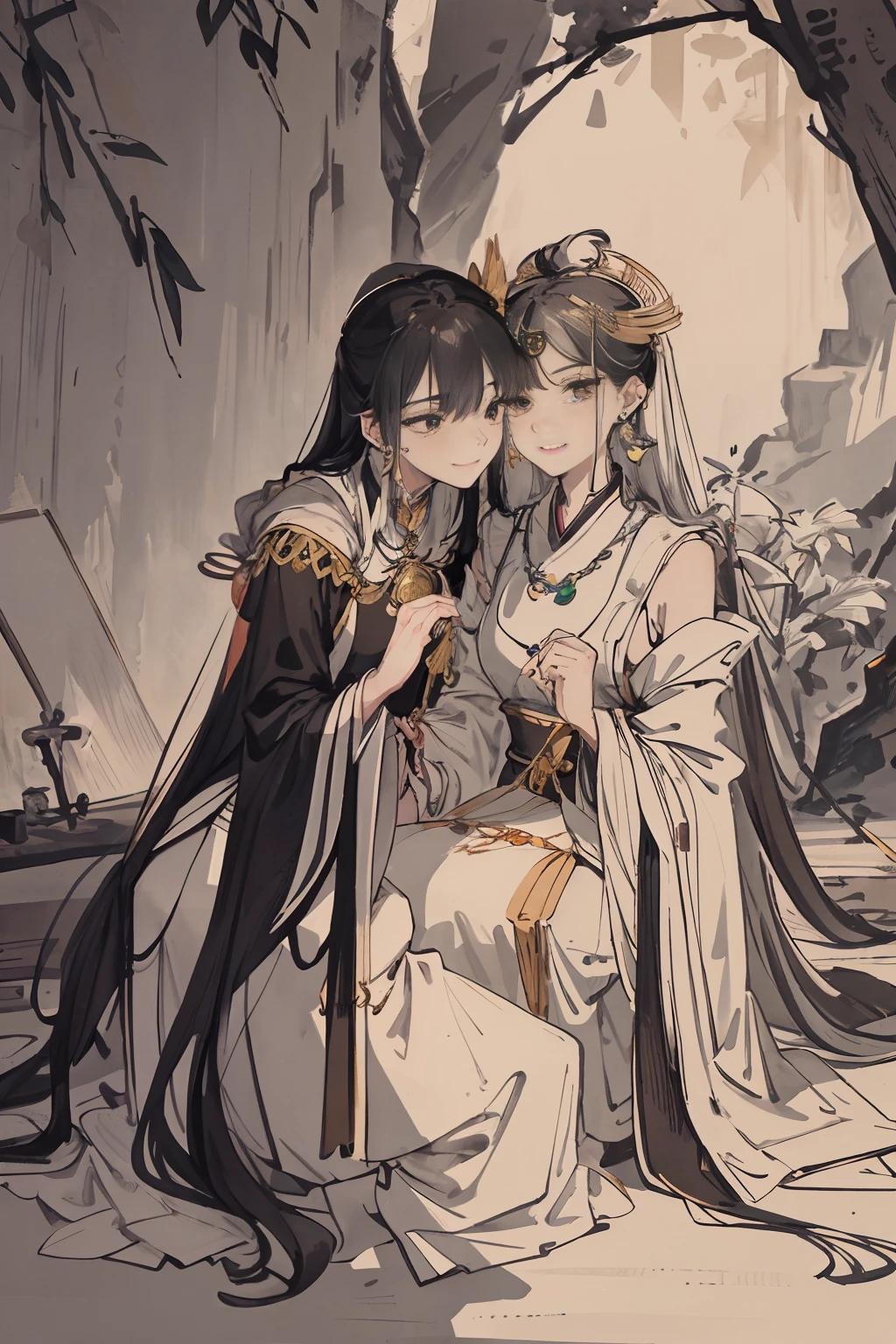 {best quality}, {{masterpiece}}, {highres},{{exquisite facial features}},{{dynamic posture}},{gazing at each other},gorgeous rendering, complex detail handling,{epic level},{an extremely delicate and beautiful}, {sexy sling},extremely,original, Bamboo, detailed wallpaper,two girls,love gaze,estheticism,dress,erasure,{gold inlaid jade step shake},silk cloth,hair ornament, necklace, long hair, earrings,a pure smile,a gentle expression