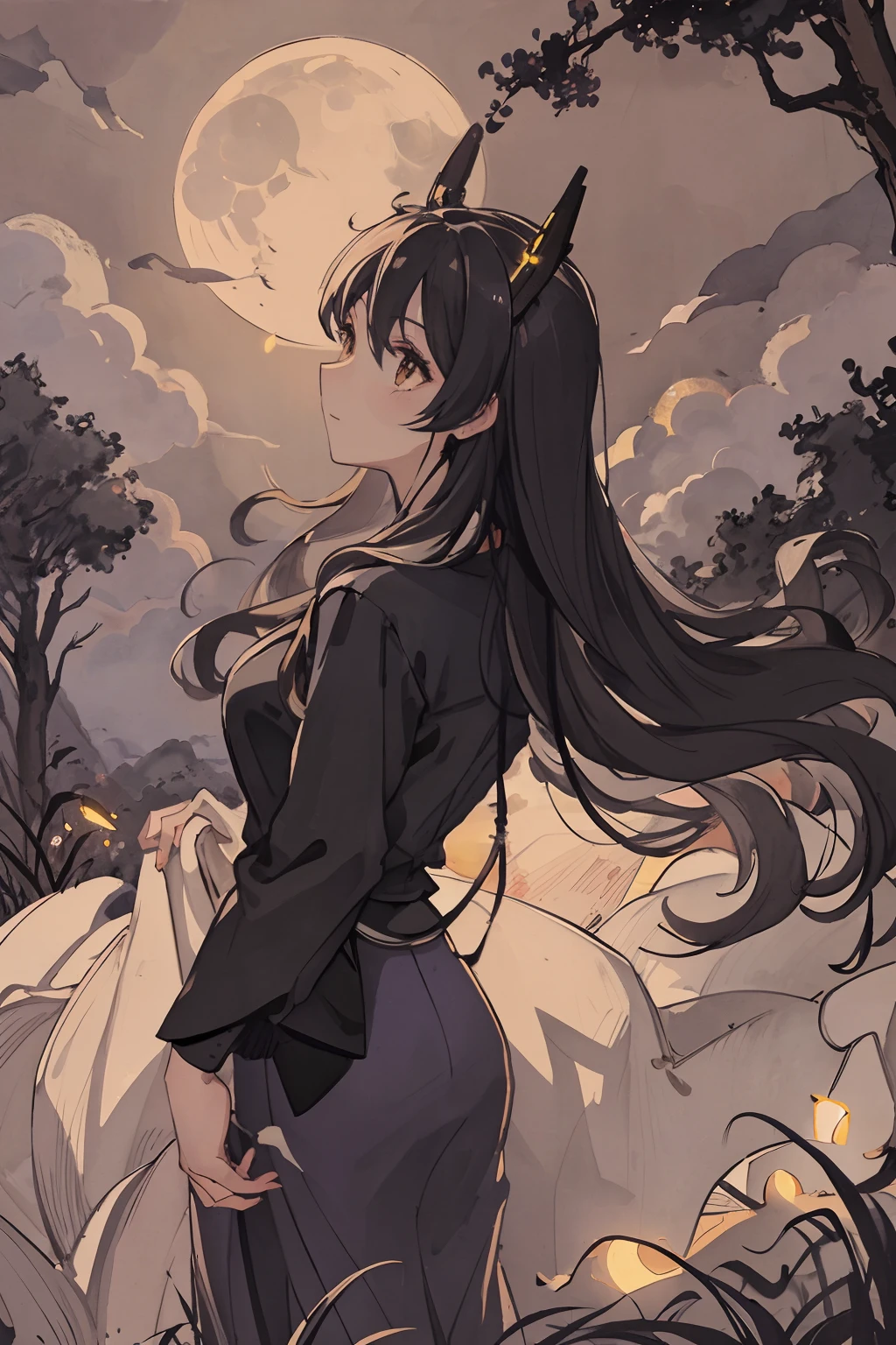 masterpiece, best quality, night, hill, clouds, full moon, long hair, woman, silhouette, fireflies.