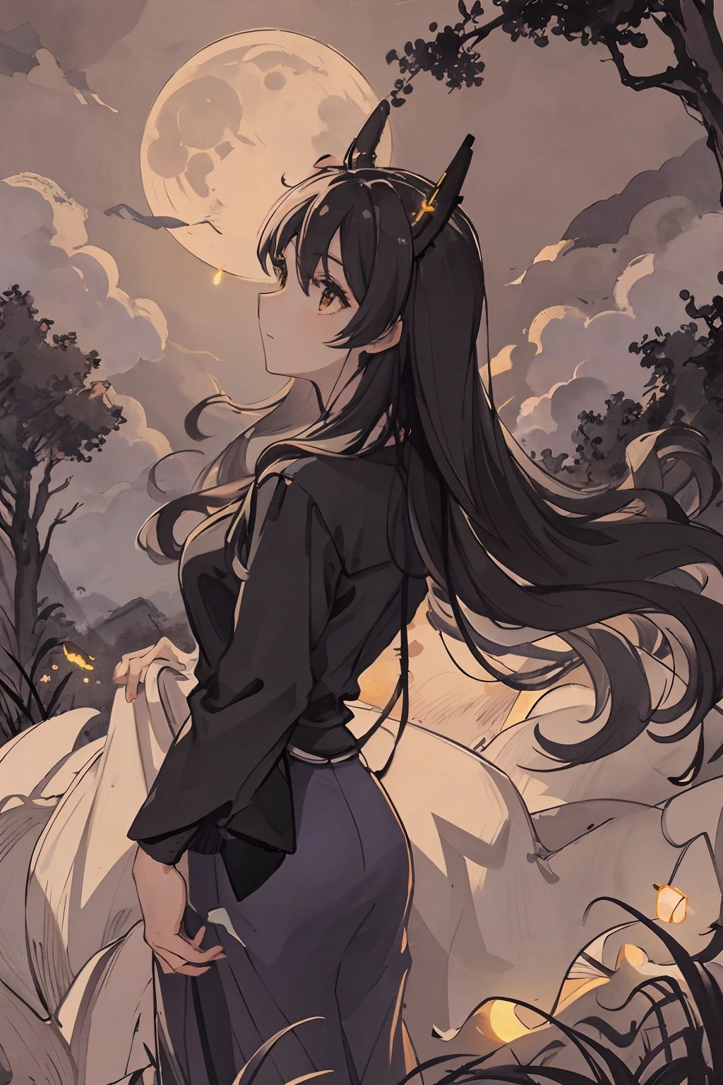 masterpiece, best quality, night, hill, clouds, full moon, long hair, woman, silhouette, fireflies.