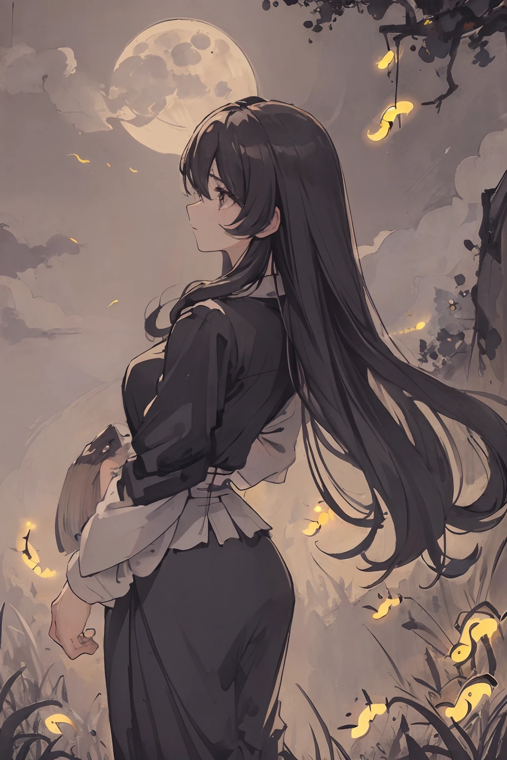 (best quality), ((masterpiece)),((exquisite facial features)),((dynamic posture)),masterpiece, best quality, night, hill, clouds, full moon, long hair, woman, silhouette, fireflies.