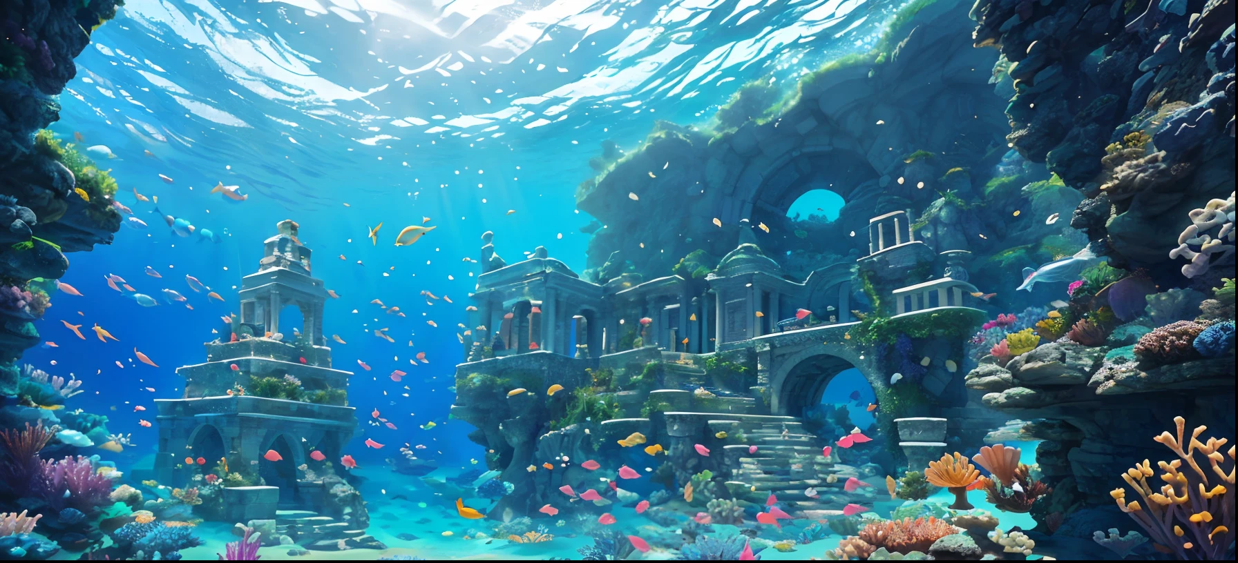 (under the sea), an ancient Greek palace on the hill, mermaids swimming around, decorated with coral and gold, masterpiece, best quality, high quality, extremely detailed CG unity 8k wallpaper, oil paiting, award winning photography, Bokeh, Depth of Field, HDR, bloom, Chromatic Aberration ,Photorealistic,extremely detailed, trending on artstation, trending on CGsociety, Intricate, High Detail, dramatic, art by midjourney, volumetric lighting