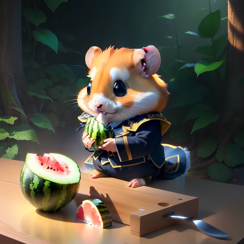 masterpiece, best quality, (extremely detailed CG uniform 8k wallpaper), (best quality), (best illustration), anime hamster, hamster color is yellow, hamster is eating a piece of watermelon, background is a forest, isometric 3D, super detailed