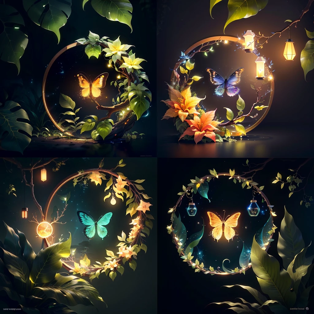 masterpiece, best quality, (extremely detailed CG unity 8k wallpaper), (best quality), (best illustration), (best shadow),The UI interface outer frame design adopts natural elements of jungle theme. The avatar frame is designed as a circular shape with delicate foliage and branches around it, along with fireflies and glowing particle effects,(UI interface outer frame design), (natural elements), (jungle theme), (circular shape), (foliage), (branches), (fireflies), (glowing), (particle effects).(multiple views of the same avatar frame), isometric 3D, octane render,ray tracing,ultra detailed