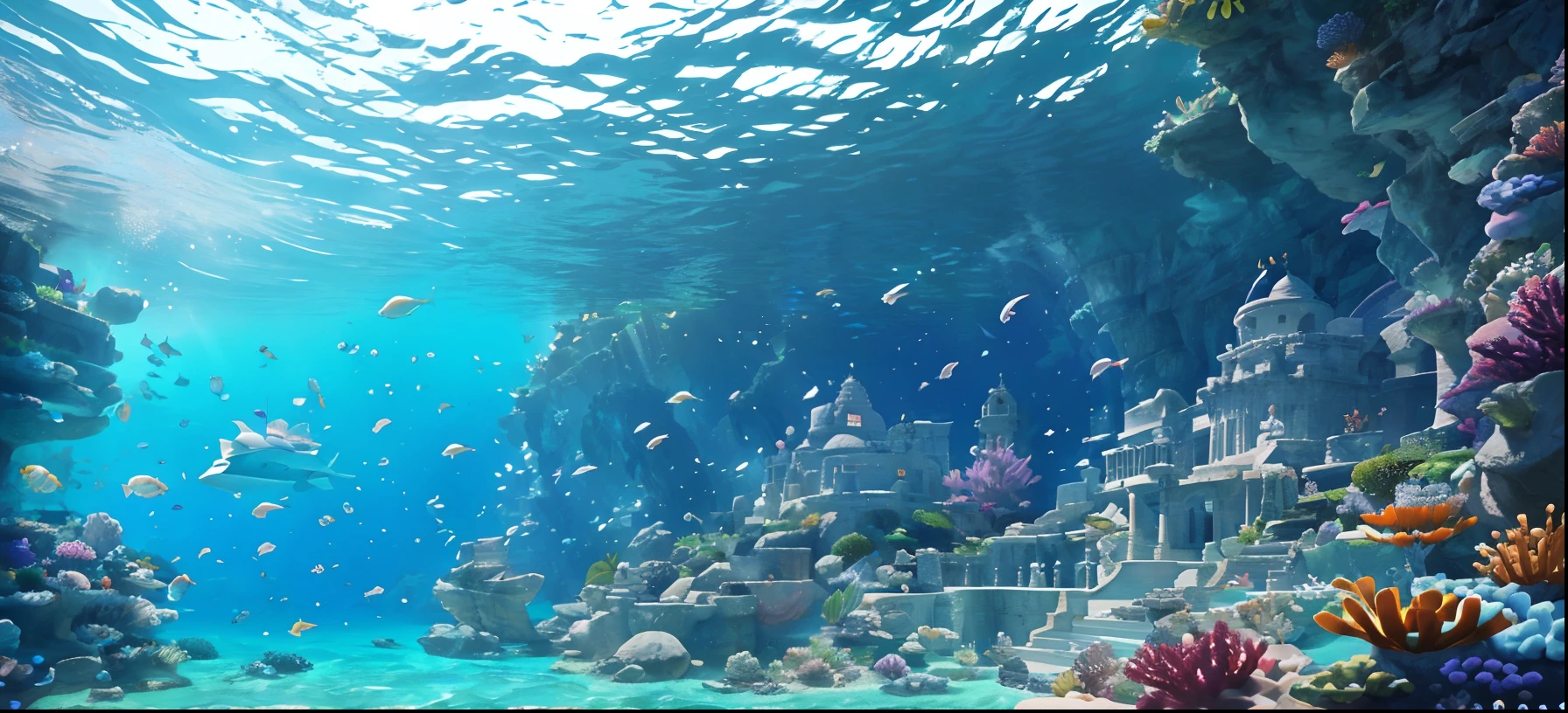 (under the sea), an ancient Greek palace on the hill, mermaids swimming around, decorated with coral and gold, masterpiece, best quality, high quality, extremely detailed CG unity 8k wallpaper, oil paiting, award winning photography, Bokeh, Depth of Field, HDR, bloom, Chromatic Aberration ,Photorealistic,extremely detailed, trending on artstation, trending on CGsociety, Intricate, High Detail, dramatic, art by midjourney, volumetric lighting