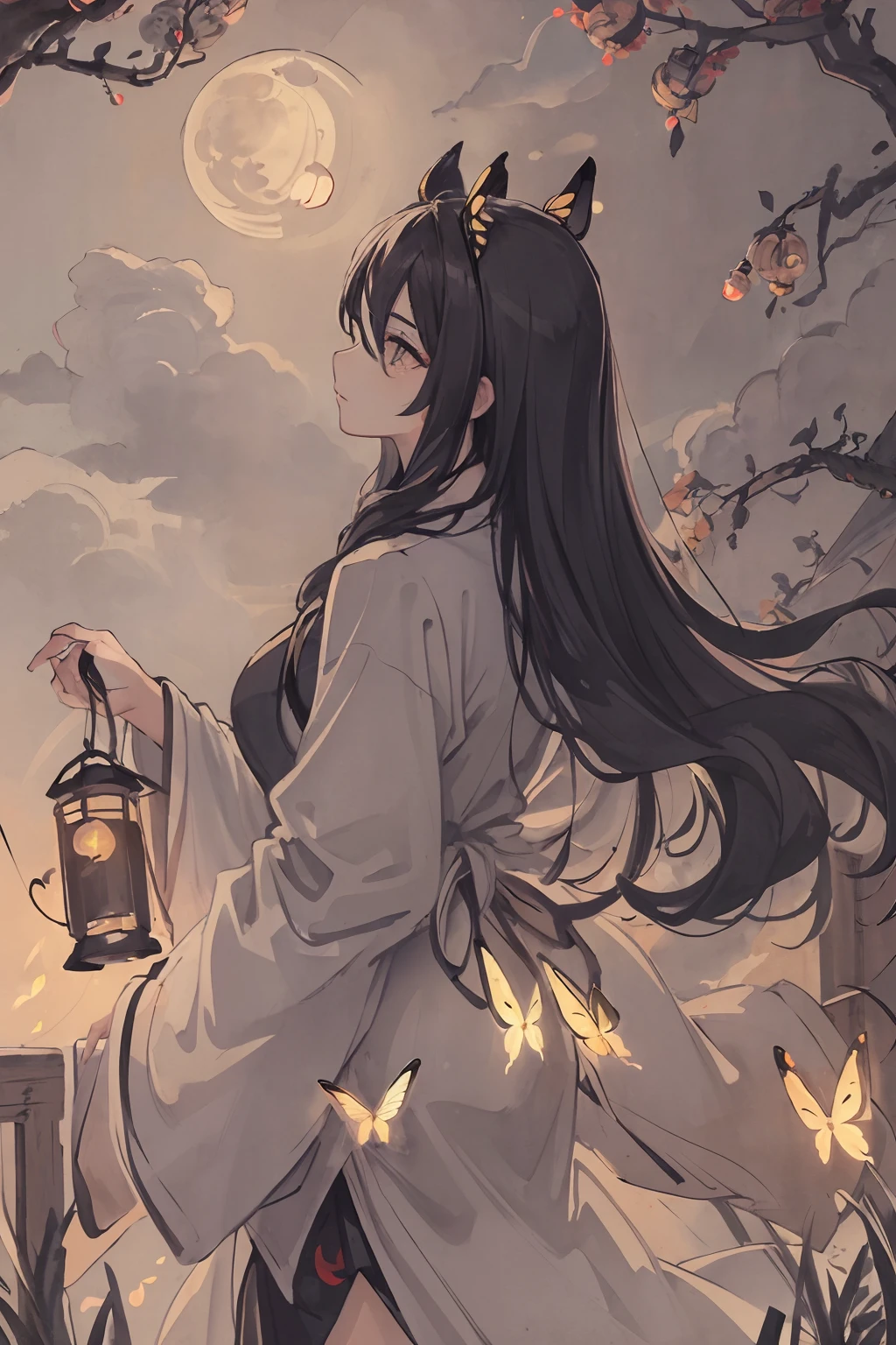 (best quality), ((masterpiece)),((exquisite facial features)),((dynamic posture)),lantern,masterpiece, best quality, night, hill, clouds, full moon, long hair, woman, silhouette, fireflies,butterfly,starlight,