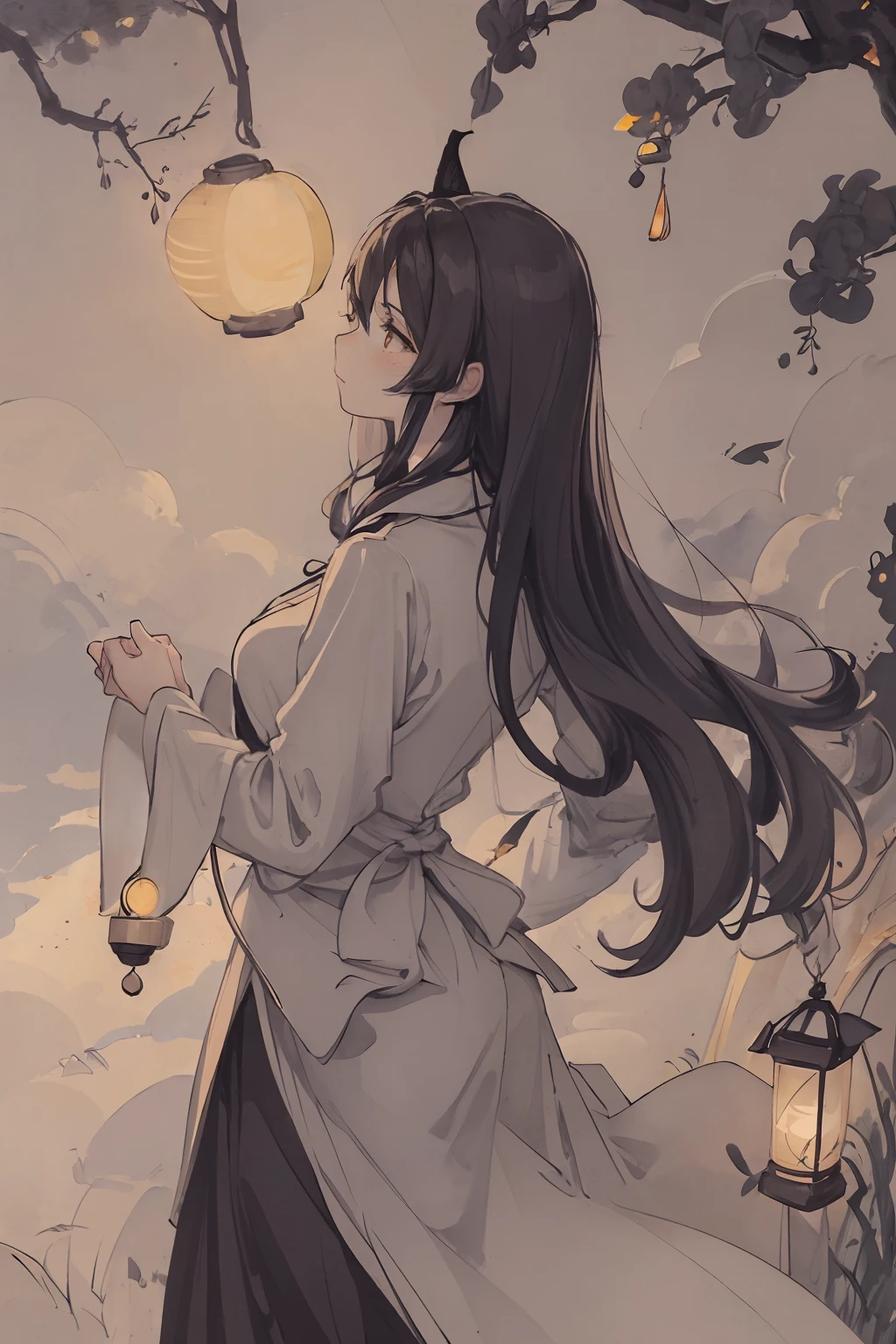 (best quality), ((masterpiece)),((exquisite facial features)),((dynamic posture)),lantern,masterpiece, best quality, night, hill, clouds, full moon, long hair, woman, silhouette, fireflies,butterfly,starlight,