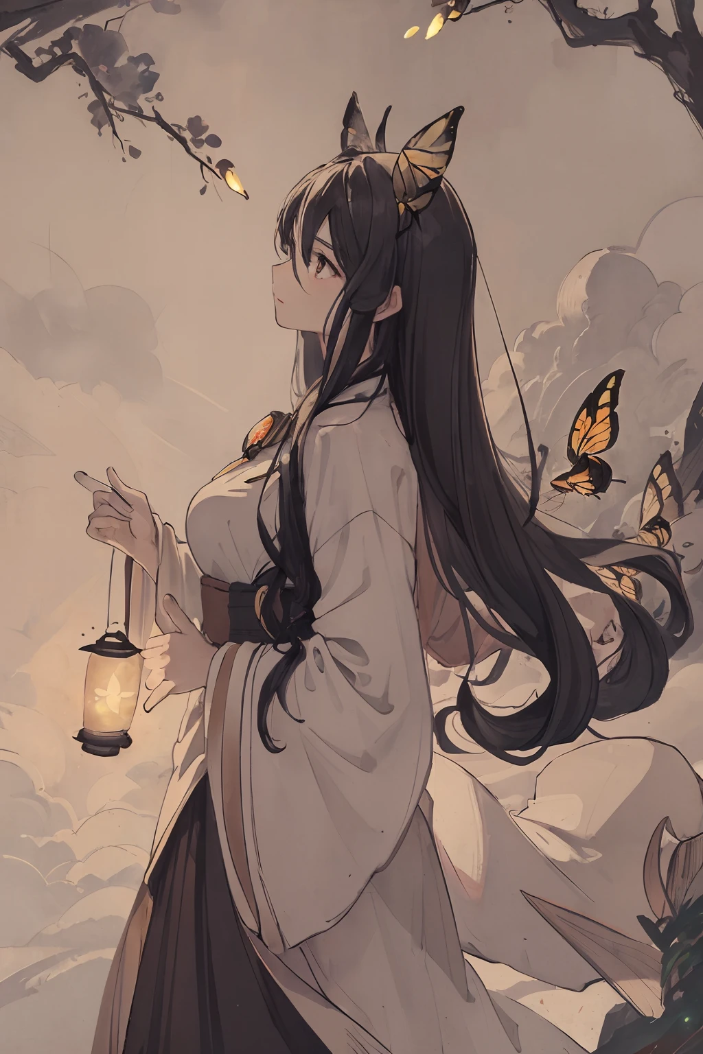 (best quality), ((masterpiece)),((exquisite facial features)),((dynamic posture)),lantern,masterpiece, best quality, night, hill, clouds, full moon, long hair, woman, silhouette, fireflies,butterfly,starlight,