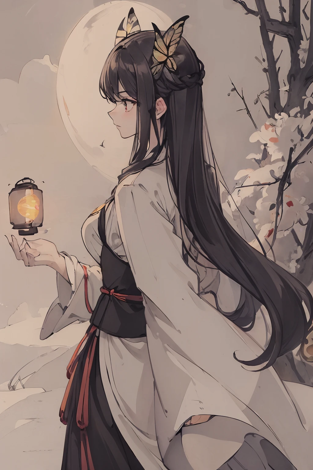 (best quality), ((masterpiece)),((exquisite facial features)),((dynamic posture)),lantern,masterpiece, best quality, night, hill, clouds, full moon, long hair, woman, silhouette, fireflies,butterfly,starlight,