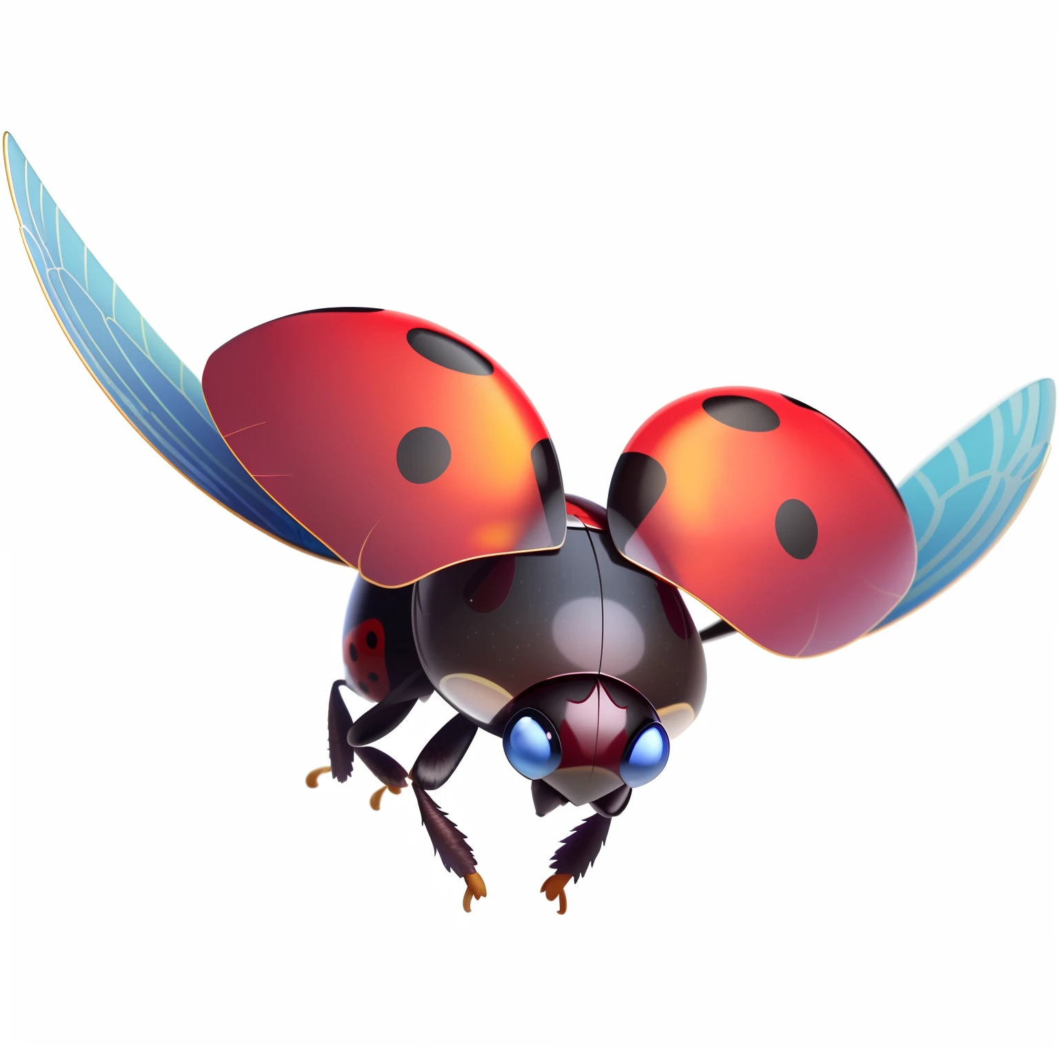 An ultra-detailed CG illustration of a flying ladybug, featuring its beautiful red shell, black body, transparent wings, and realistic blue eyes.