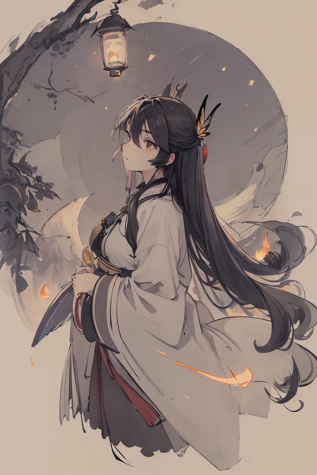 (best quality), ((masterpiece)),((exquisite facial features)),((dynamic posture)),lantern,masterpiece, best quality, night, hill, clouds, full moon, long hair, woman, silhouette, fireflies,butterfly,starlight