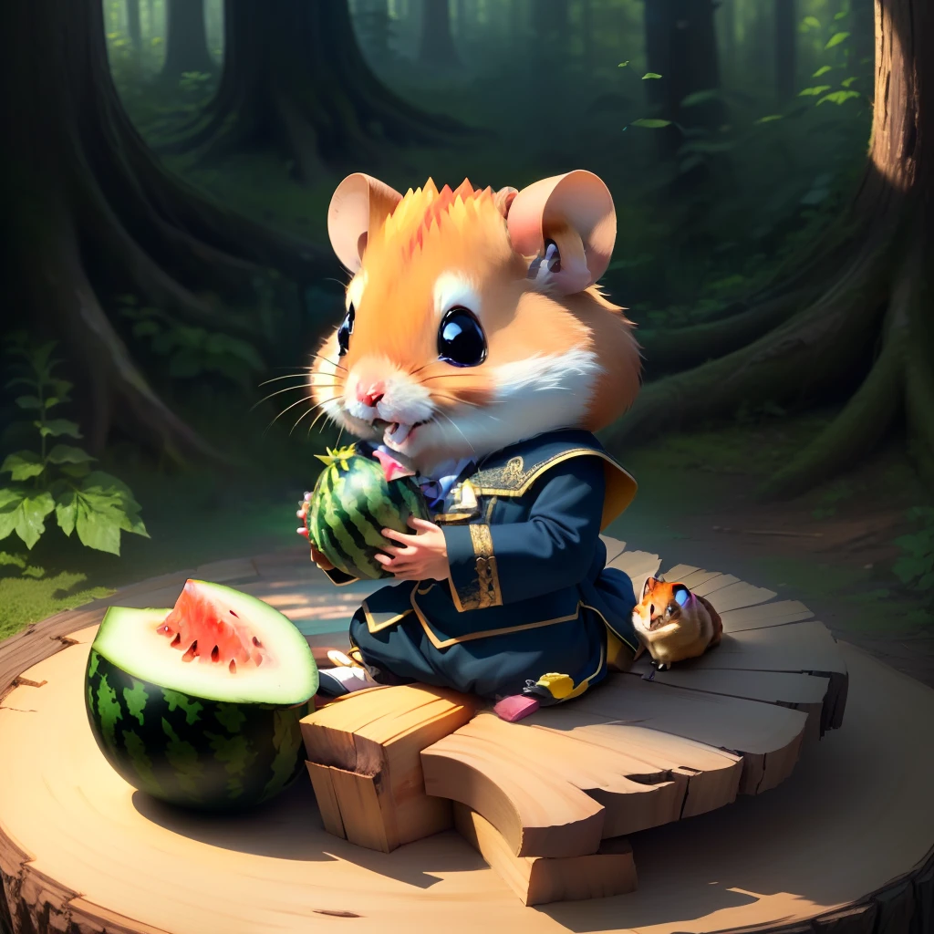 masterpiece, best quality, (extremely detailed CG uniform 8k wallpaper), (best illustration), anime hamster furry, hamster color is yellow, hamster sitting on a tree stump, hamster is eating a piece of watermelon, the background is a forest, super detailed