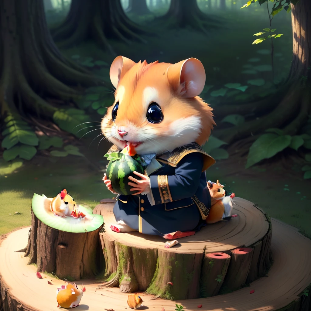 masterpiece, best quality, (extremely detailed CG uniform 8k wallpaper), (best illustration), anime hamster furry, hamster color is yellow, hamster sitting on a tree stump, hamster is eating a piece of watermelon, the background is a forest, super detailed