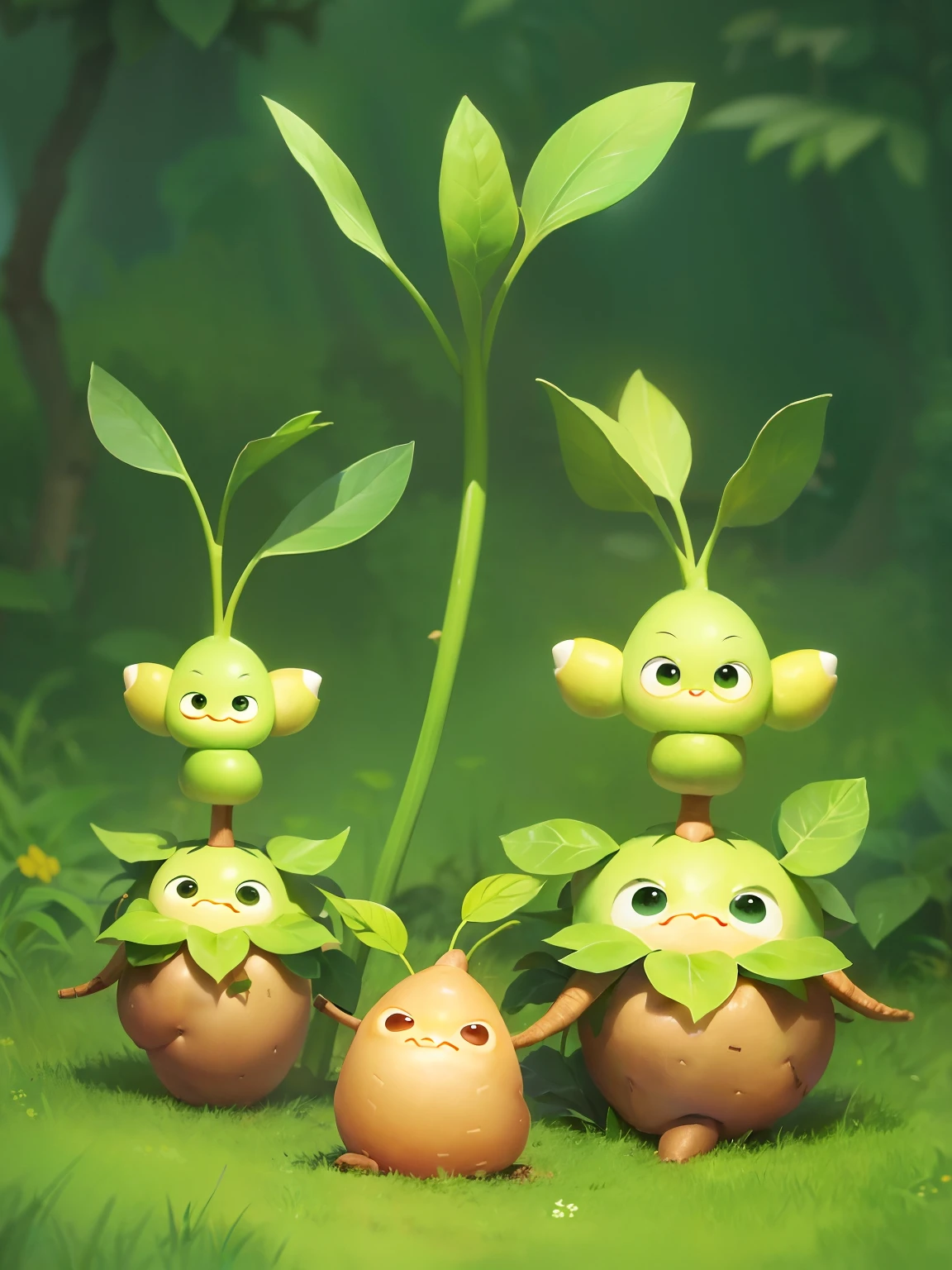Character design of an anthropomorphic plant, a (Potato Warrior), with a (detailed), fantastical, surreal, and ((cute)) art style that's both ((fun)) and artistic. The character is trending on art websites and features a gentle ambient lighting in 8K high definition.This character is inspired by Plants vs. Zombies.