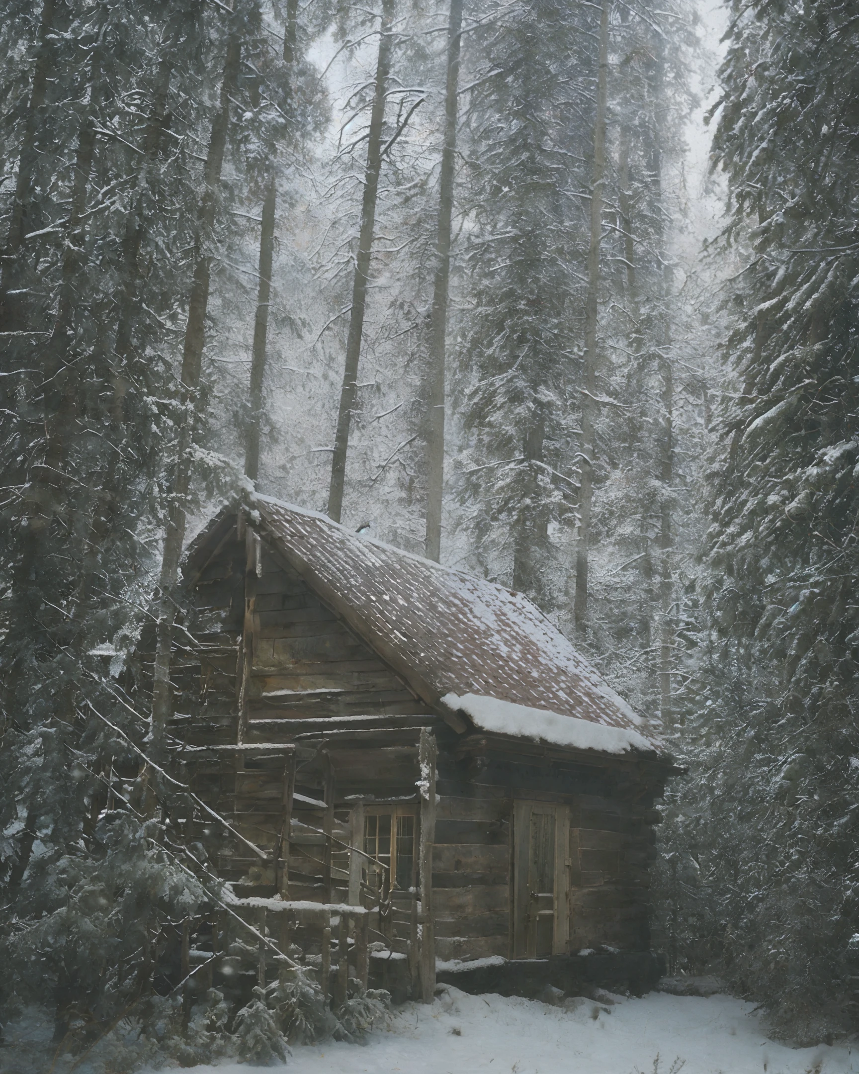 classicnegative photo, wooden building, overgrown by mold in the dirt, snow, fantasy, 1970s dark fantasy movie, haze, halation, bloom, dramatic atmosphere, centred, rule of thirds
