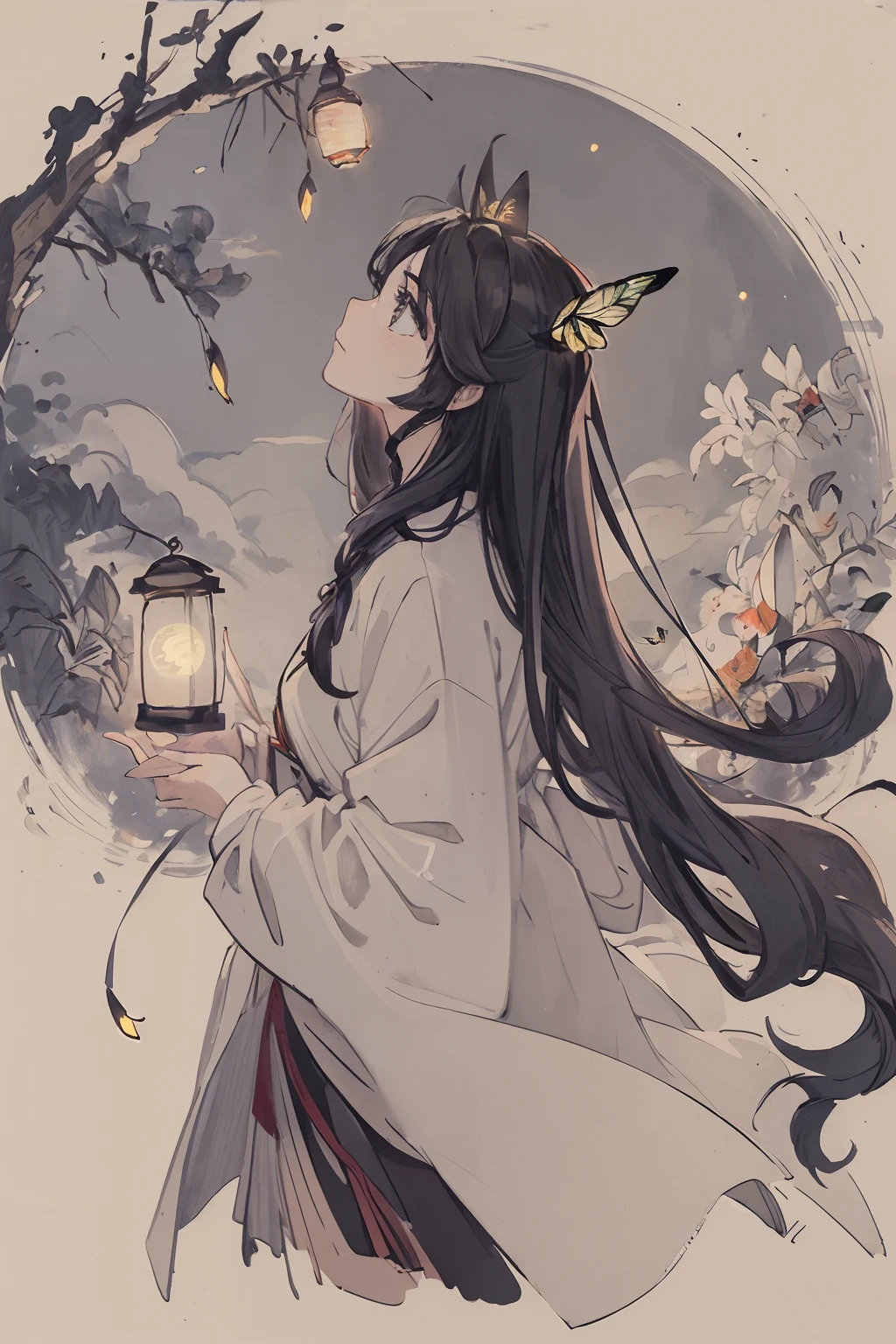 (best quality), ((masterpiece)),((exquisite facial features)),((dynamic posture)),lantern,masterpiece, best quality, night, hill, clouds, full moon, long hair, woman, silhouette, fireflies,butterfly,starlight