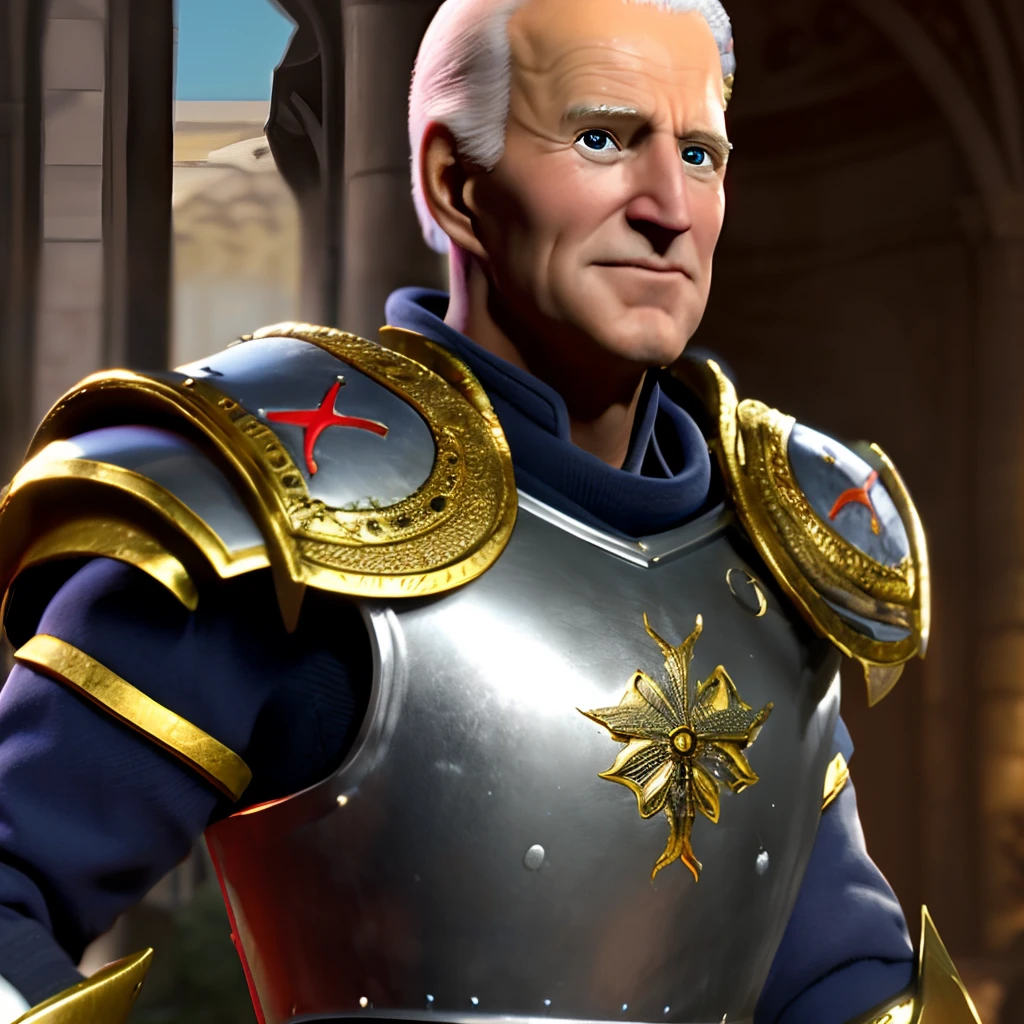 portrait photo of Joe Biden as dnd paladin, full upper body, epic composition, sacred cathedral interior background, bright lights , wearing shiny armor, beautifully decorated sword, holy badge around neck, heroic posture, (8k, RAW photo, best quality, masterpiece:1.2), (realistic:1.3), (real skin details:1.3),(photorealistic:1.3), ultra-detailed, Masterpiece, realistic lighting, best quality, masterpiece, best quality, extremely detailed CG unity 8k wallpaper,on artstation