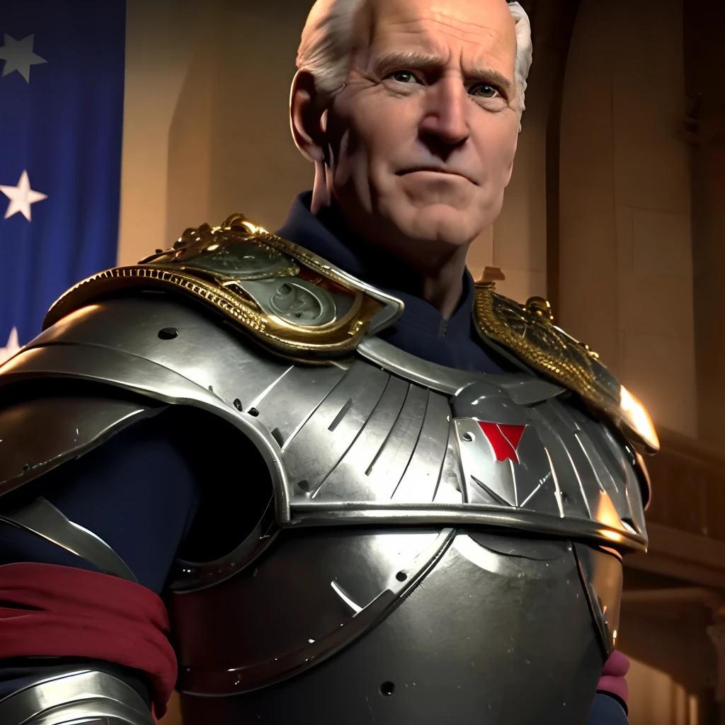 portrait photo of Joe Biden as dnd paladin, full upper body, epic composition, sacred cathedral interior background, bright lights , wearing shiny armor, beautifully decorated sword, holy badge around neck, heroic posture, (8k, RAW photo, best quality, masterpiece:1.2), (realistic:1.3), (real skin details:1.3),(photorealistic:1.3), ultra-detailed, Masterpiece, realistic lighting, best quality, masterpiece, best quality, extremely detailed CG unity 8k wallpaper,on artstation
