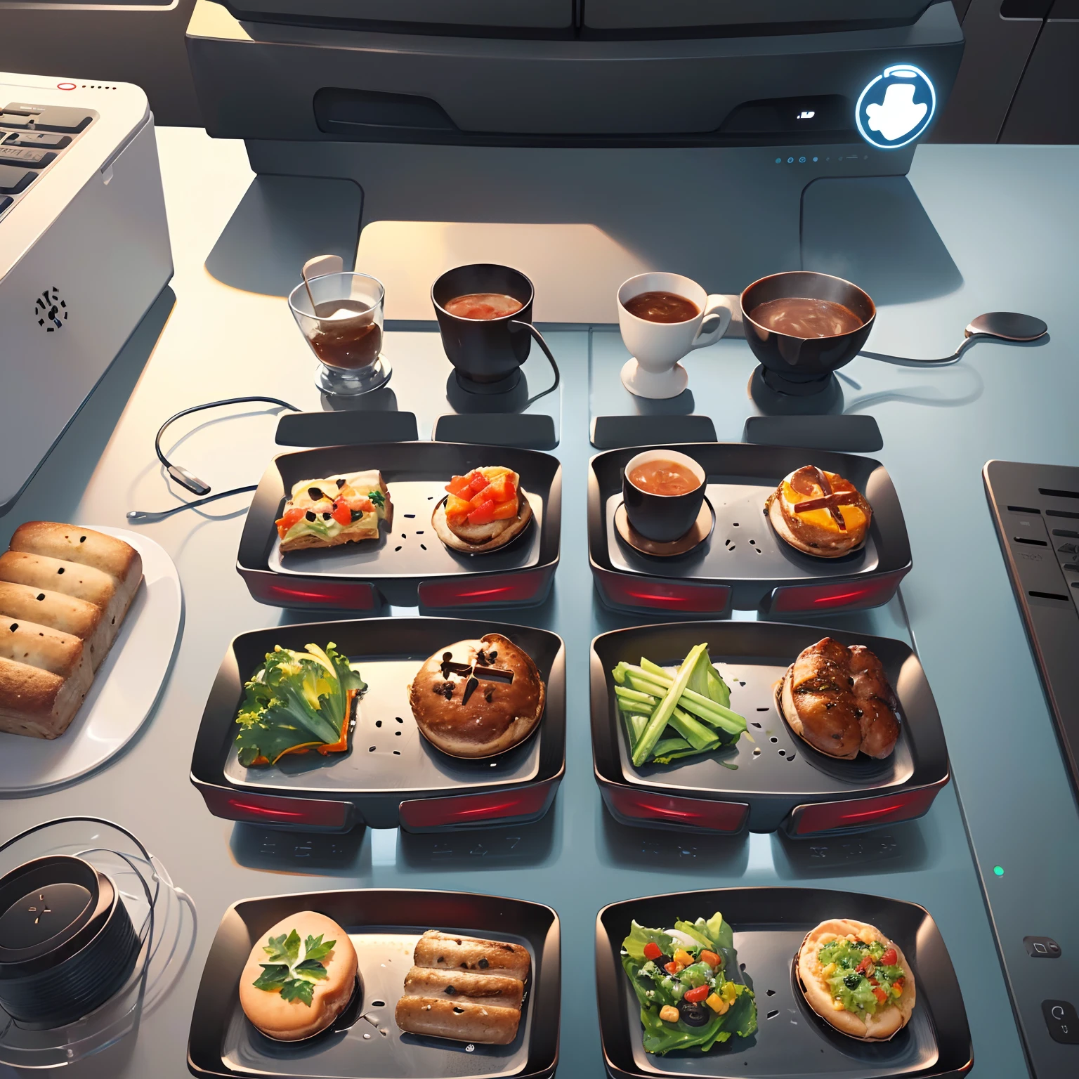 (game user interface), (set of function icons) food related topics. Game art design (HD) and functionality (icon buttons). In the same image, ((show more than 3 different angles of the same icon)).