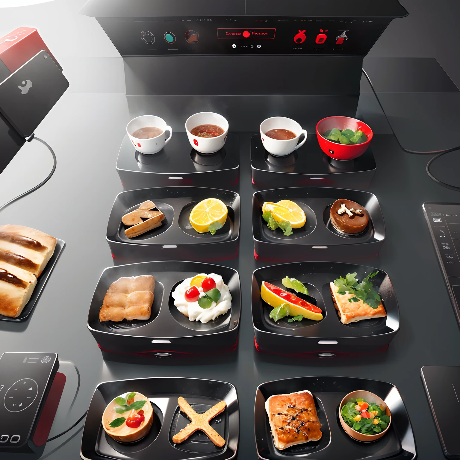 (game user interface), (set of function icons) food related topics. Game art design (HD) and functionality (icon buttons). In the same image, ((show more than 3 different angles of the same icon)).