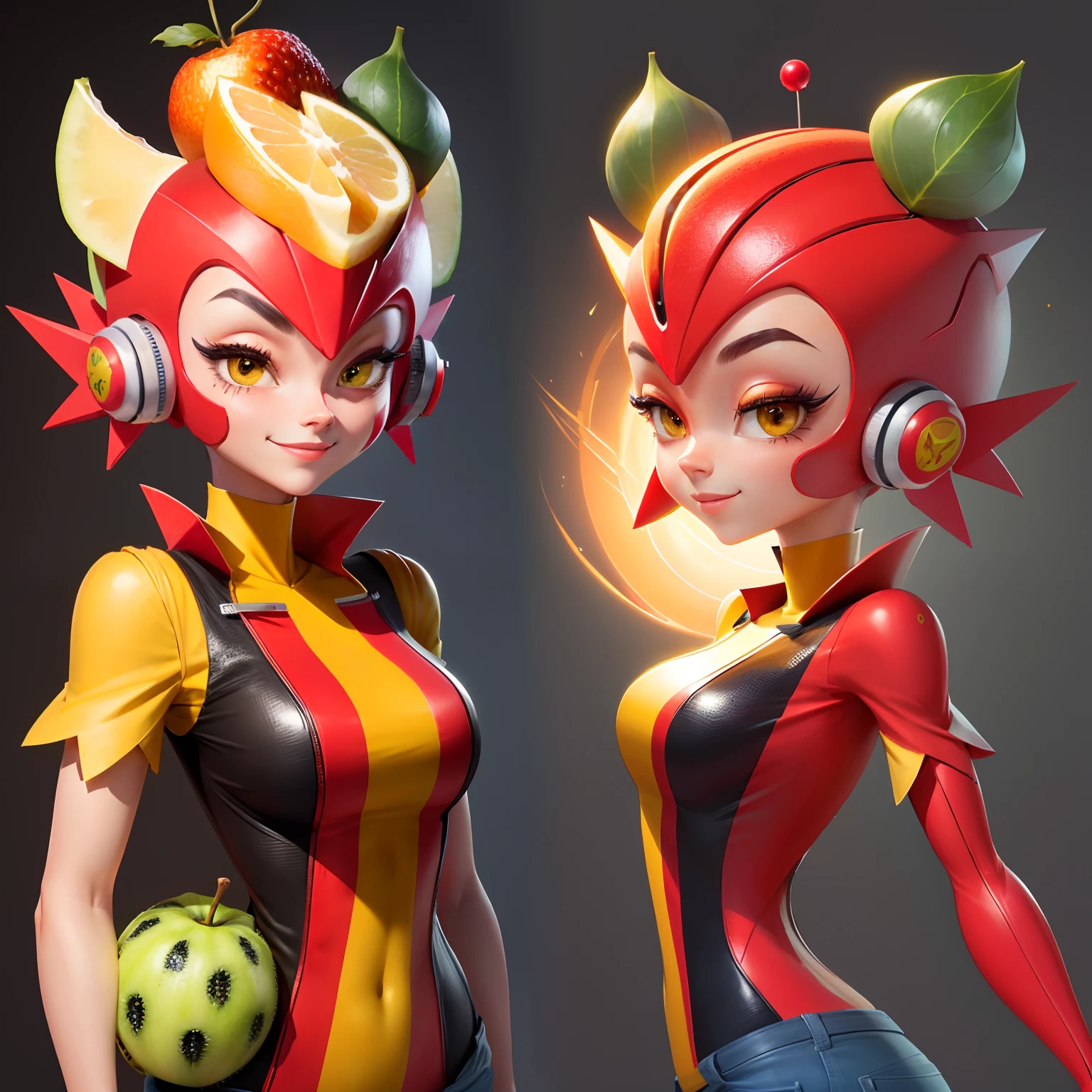 Fruit Flash, fruit head, human body, character design, cartoon style, cool and individual,high quality, high detail, high resolution, 8k, bust size